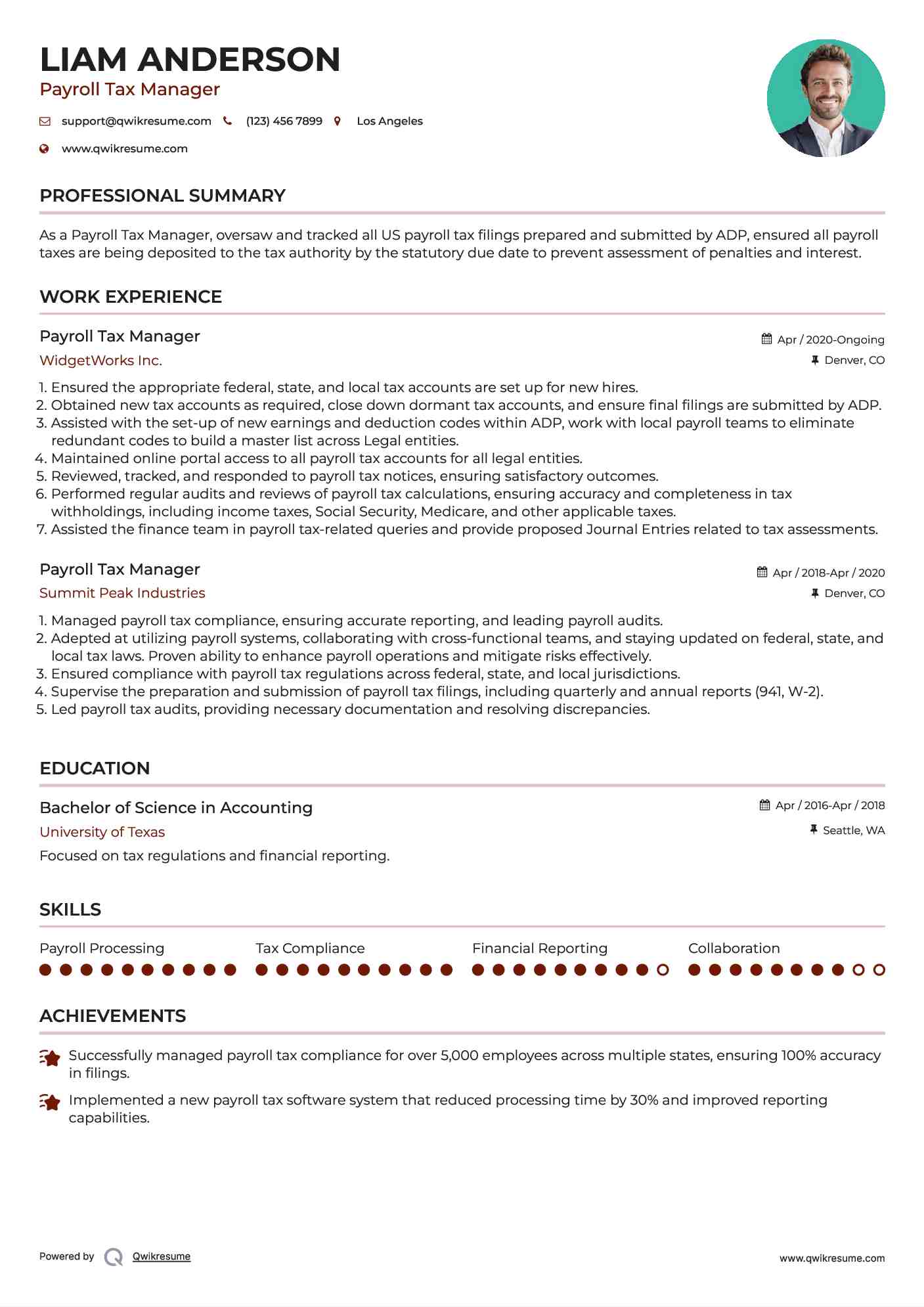 Payroll Tax Manager Resume Template