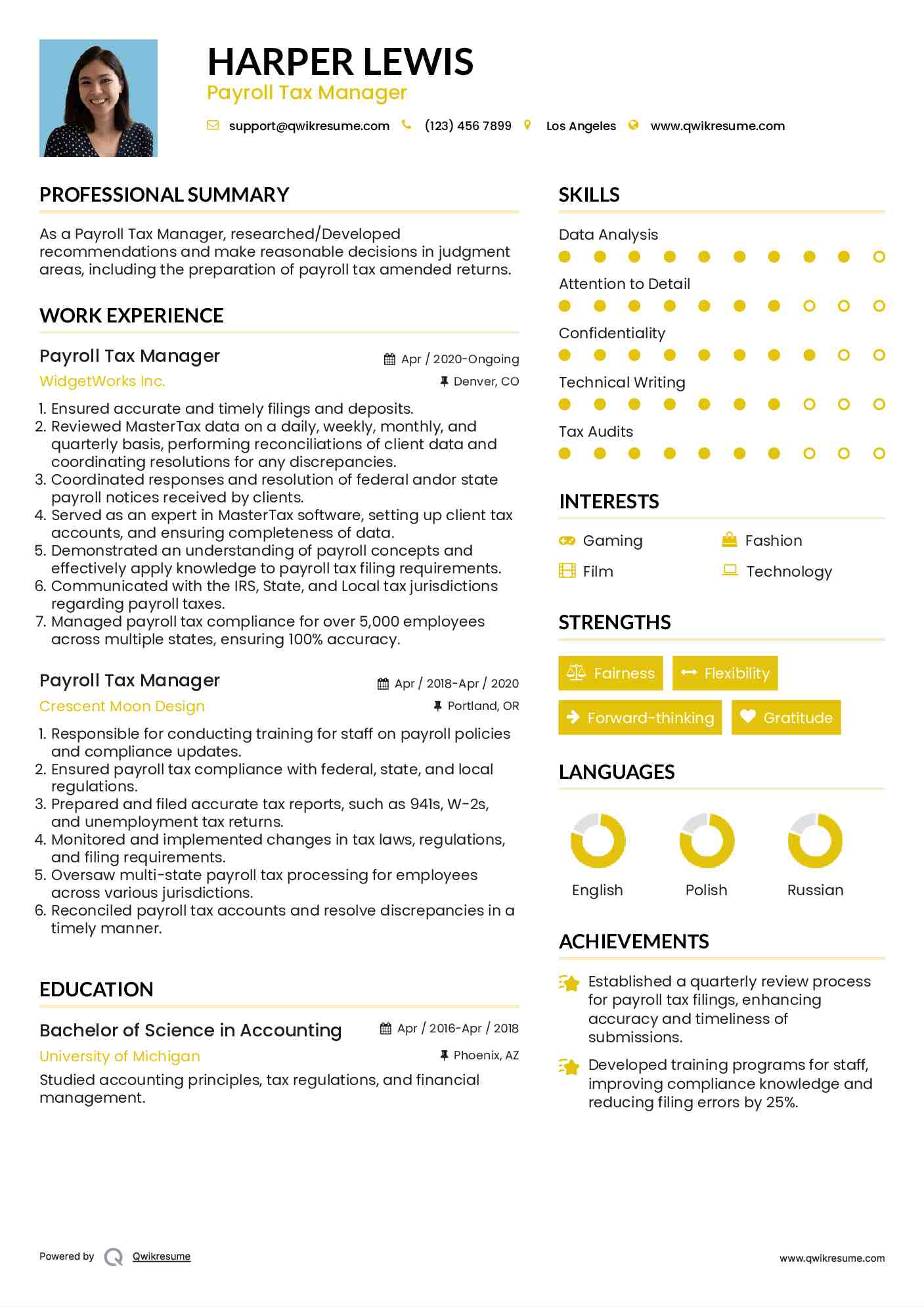 Payroll Tax Manager Resume Sample