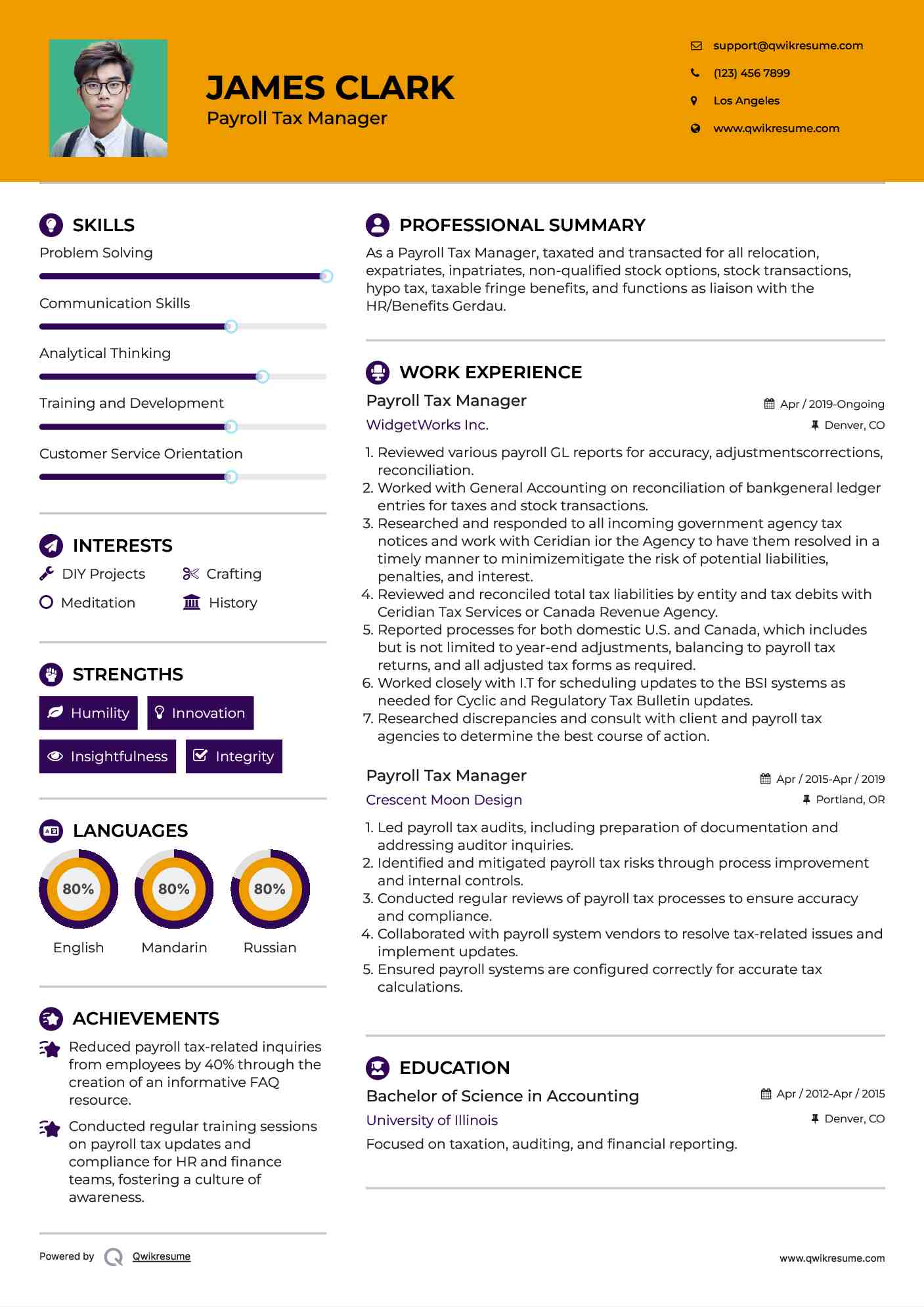 Payroll Tax Manager Resume Example