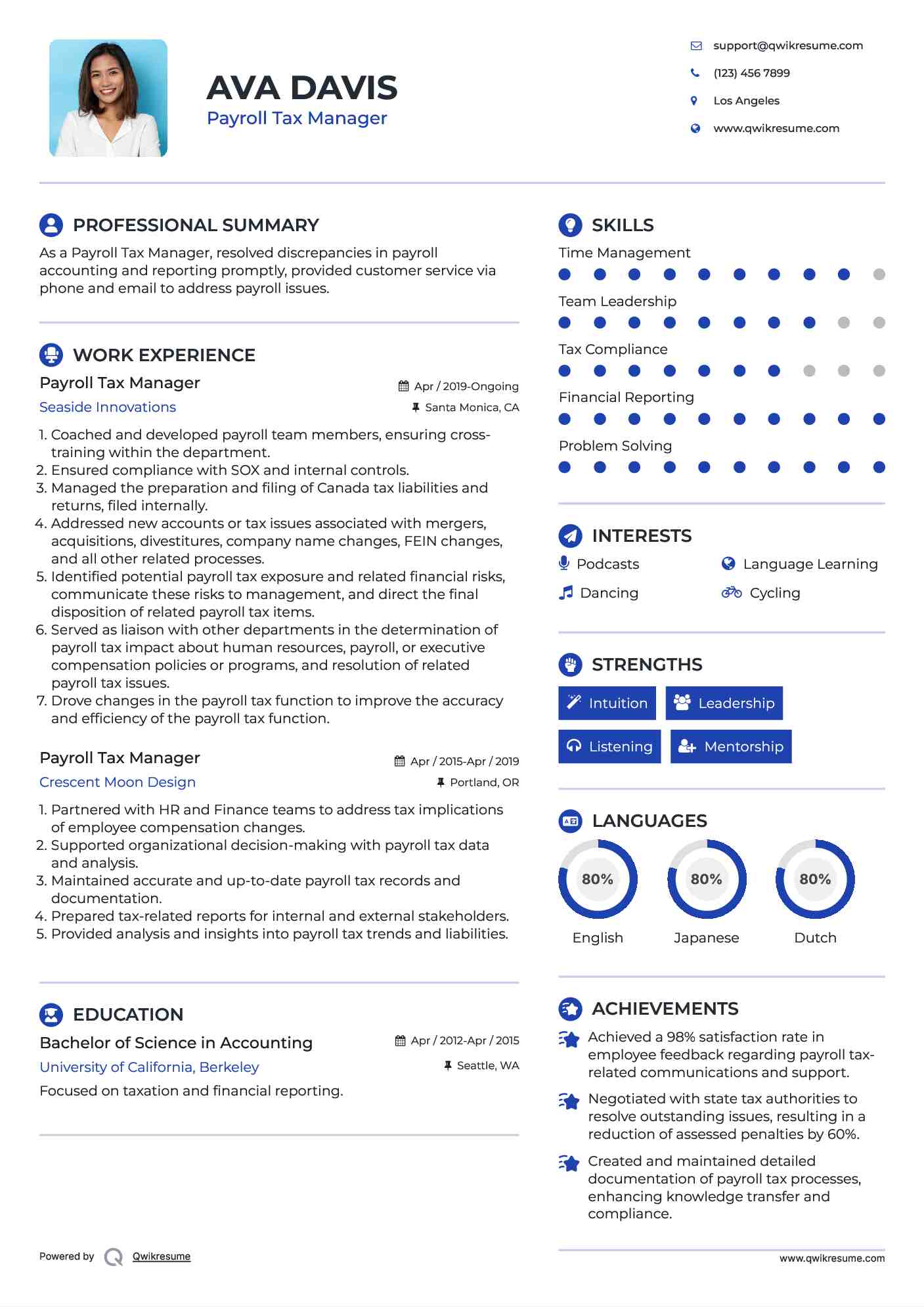Payroll Tax Manager Resume Format
