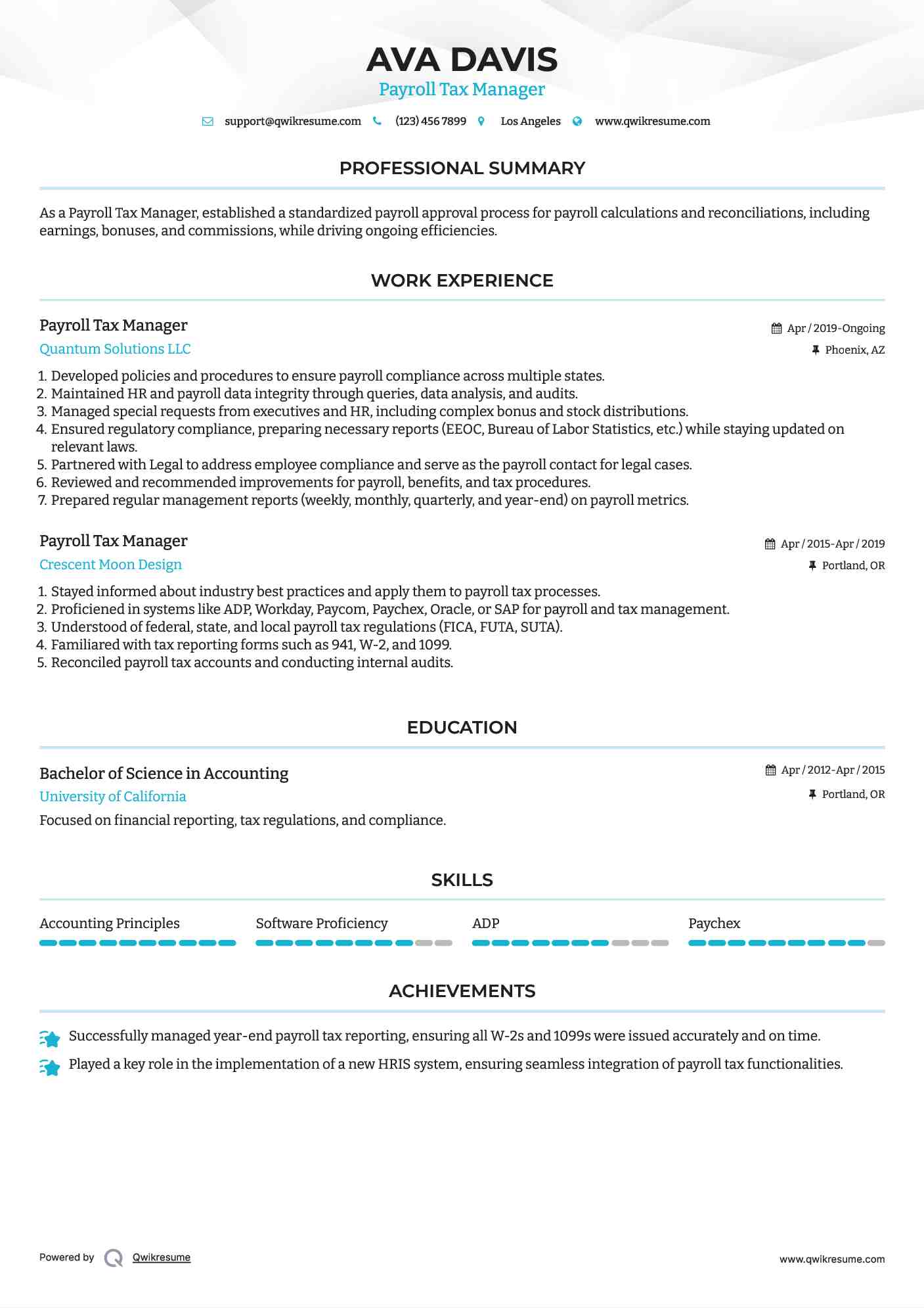 Payroll Tax Manager Resume Sample