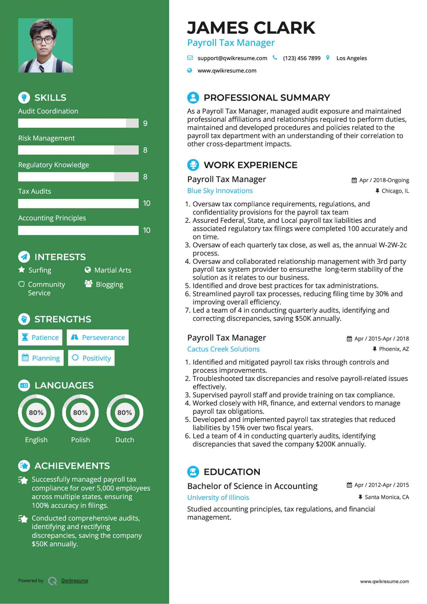 Payroll Tax Manager Resume Sample