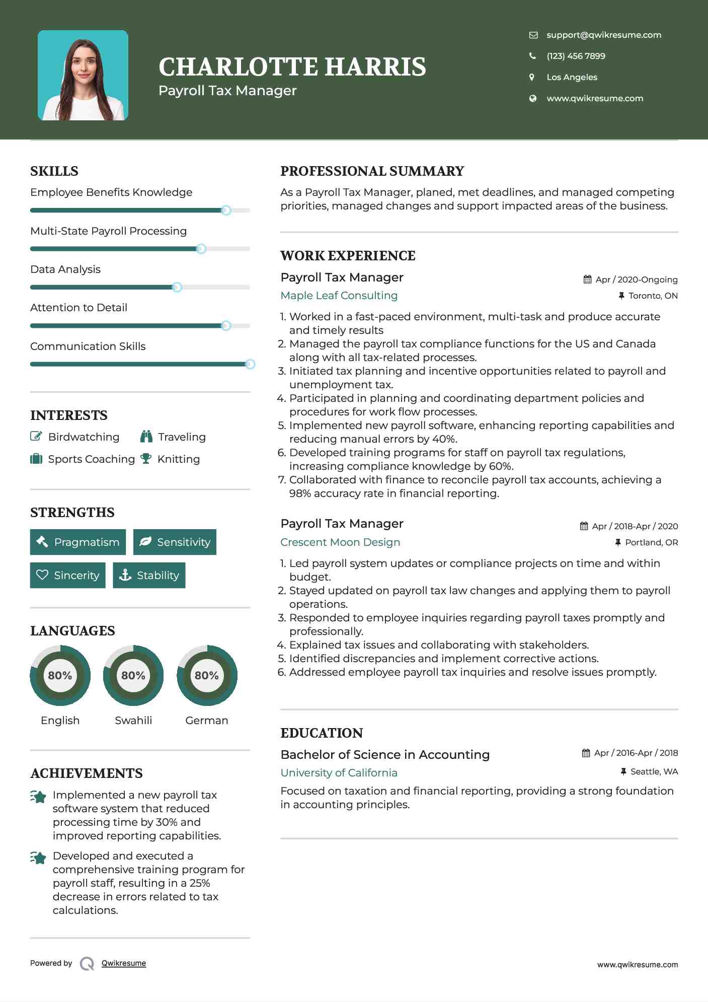 Payroll Tax Manager Resume Model
