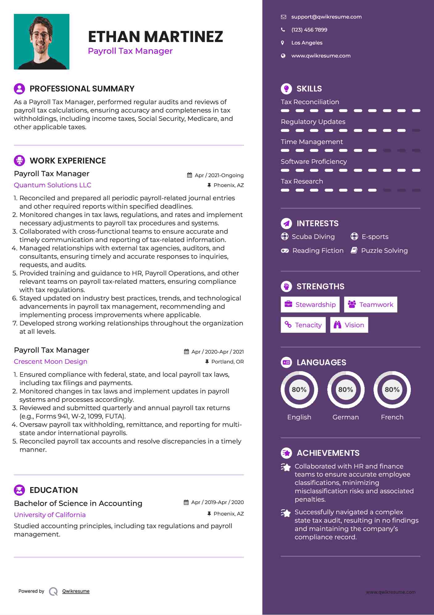 Payroll Tax Manager Resume Sample