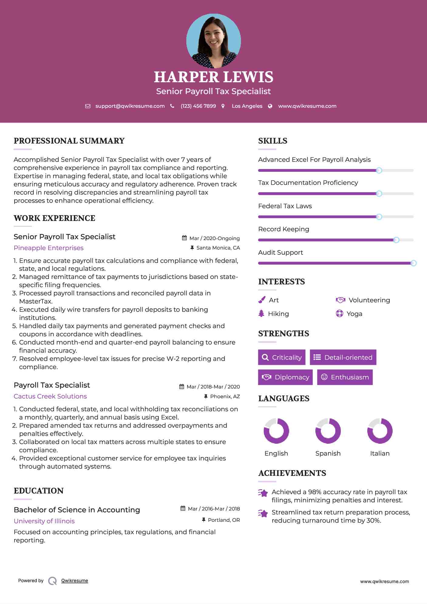 Senior Payroll Tax Specialist Resume Sample
