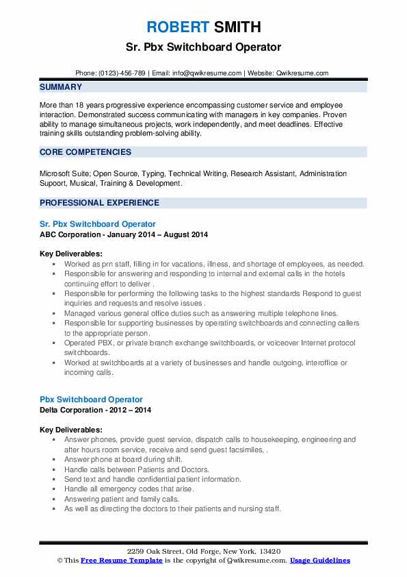 Pbx Switchboard Operator Resume Samples QwikResume