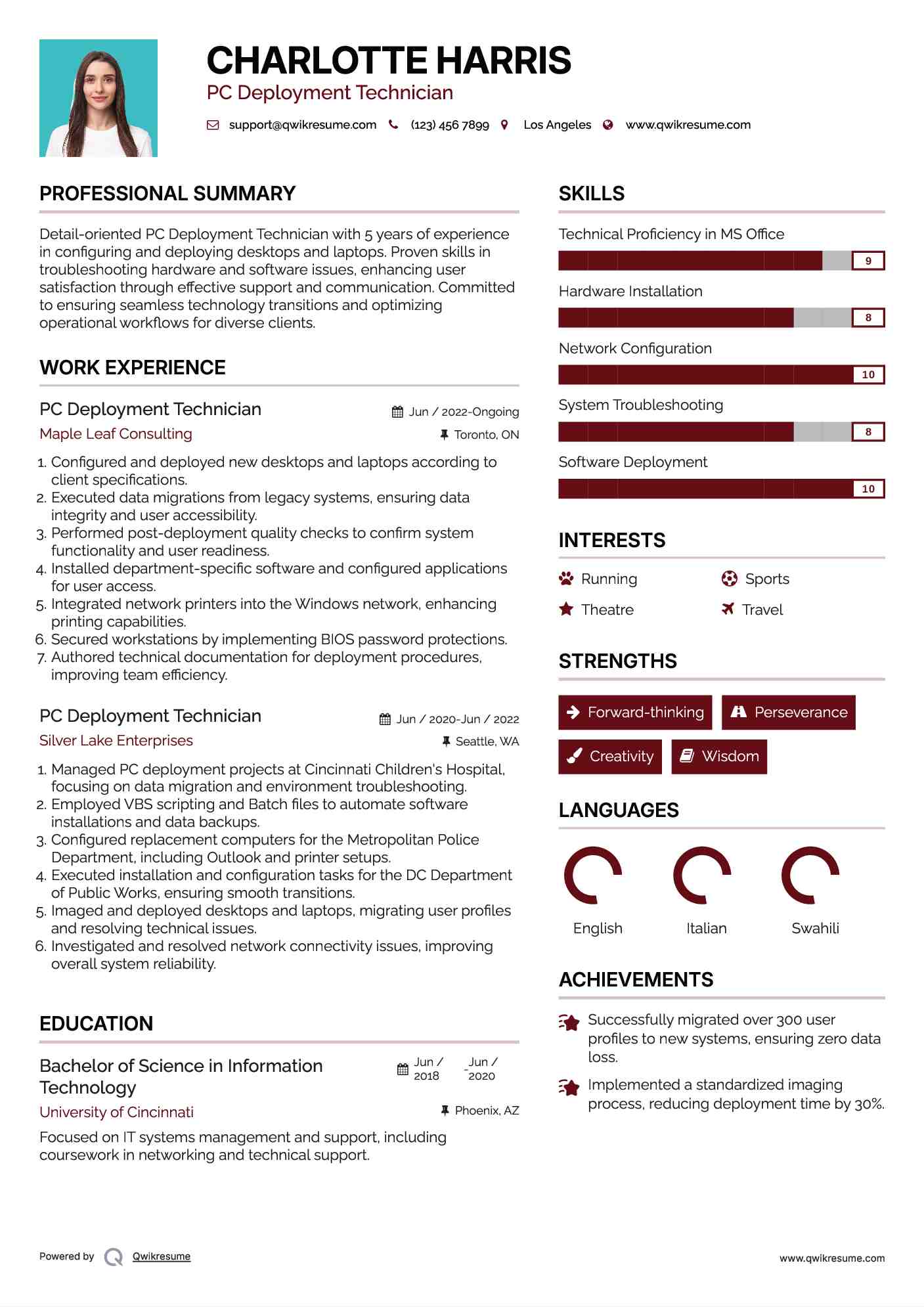 PC Deployment Technician Resume Sample