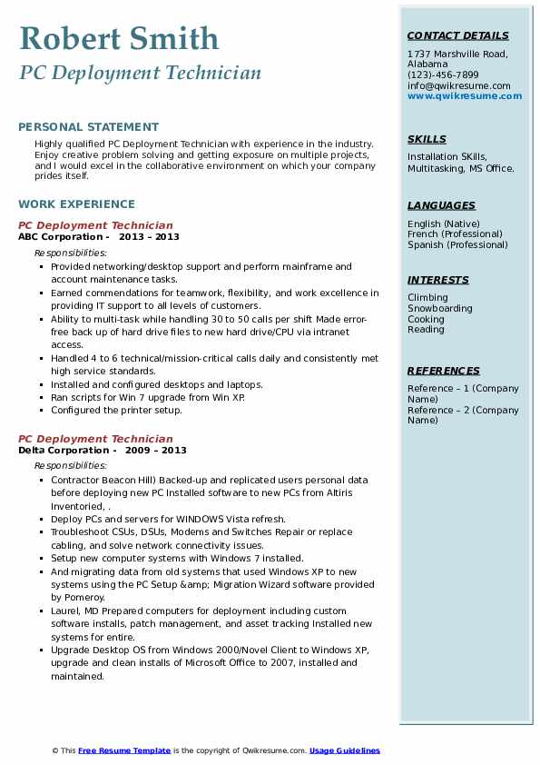 PC Deployment Technician Resume Samples QwikResume