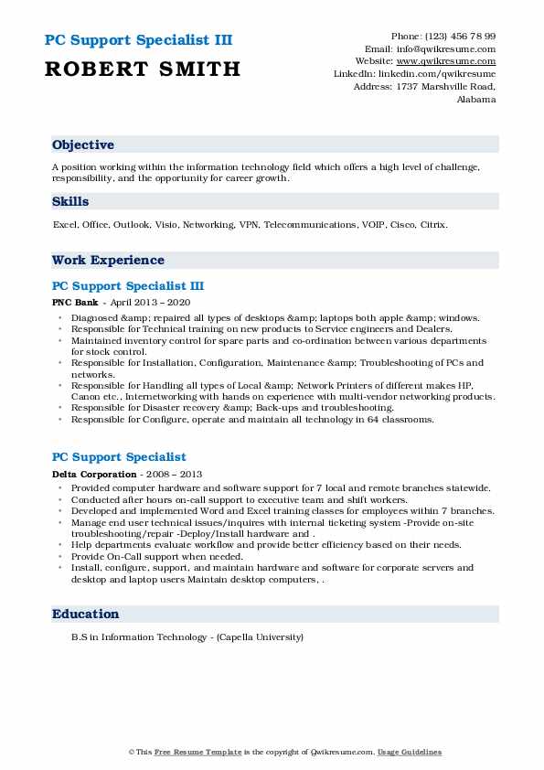 PC Support Specialist Resume Samples QwikResume