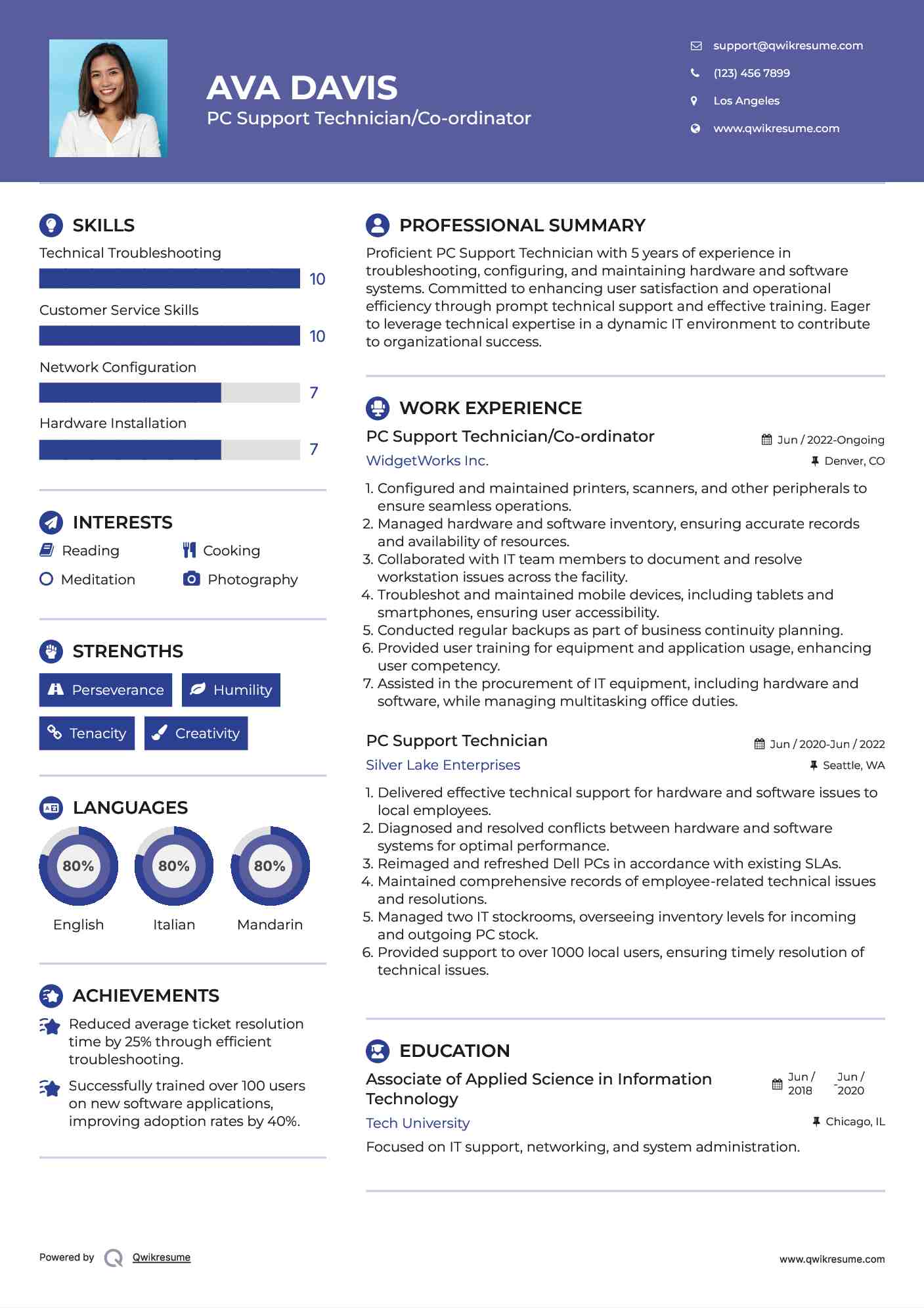 PC Support Technician/Co-ordinator Resume Model