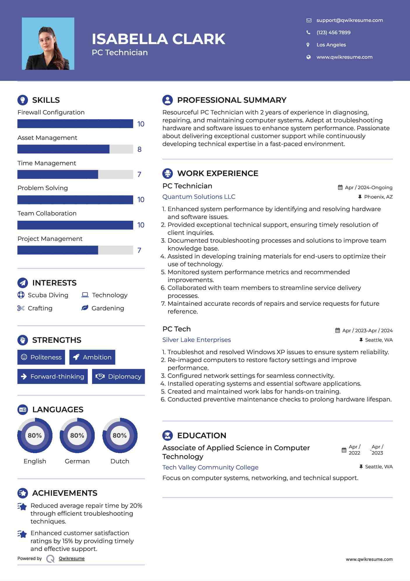 PC Technician Resume Sample