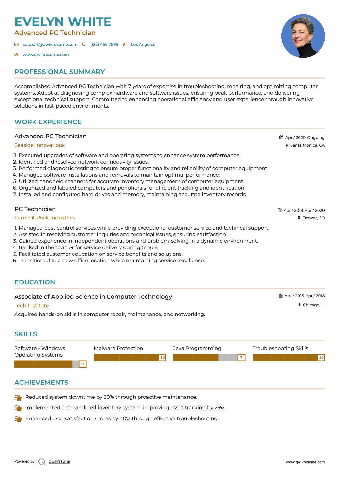 Advanced PC Technician Resume Sample