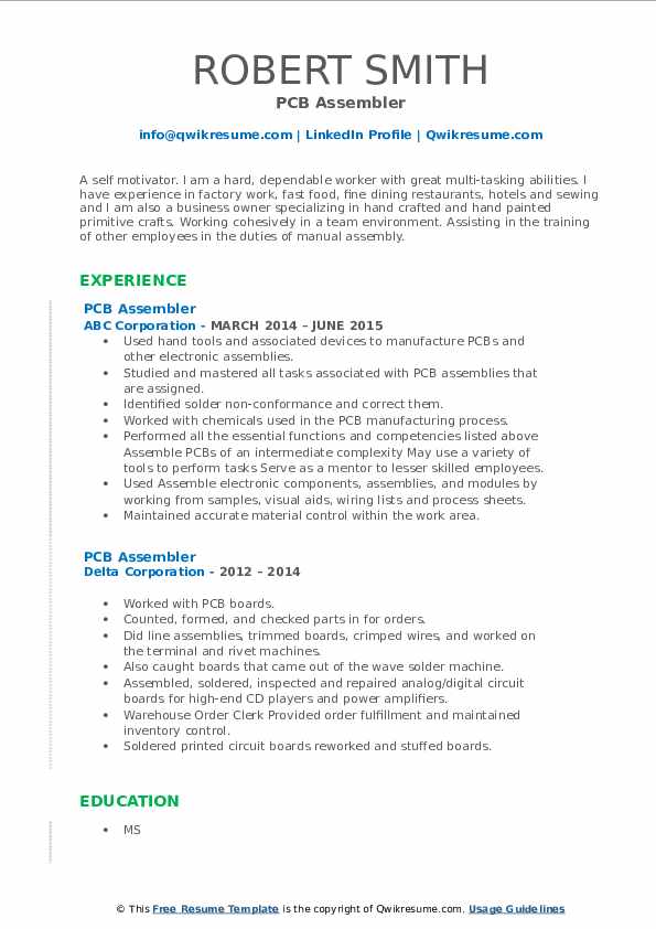 PCB Assembler Resume Samples | QwikResume