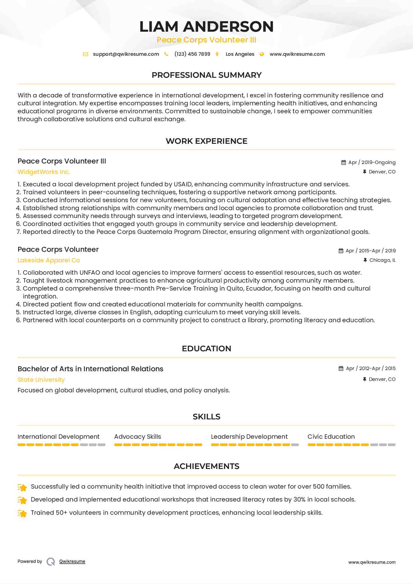 Peace Corps Volunteer III Resume Example