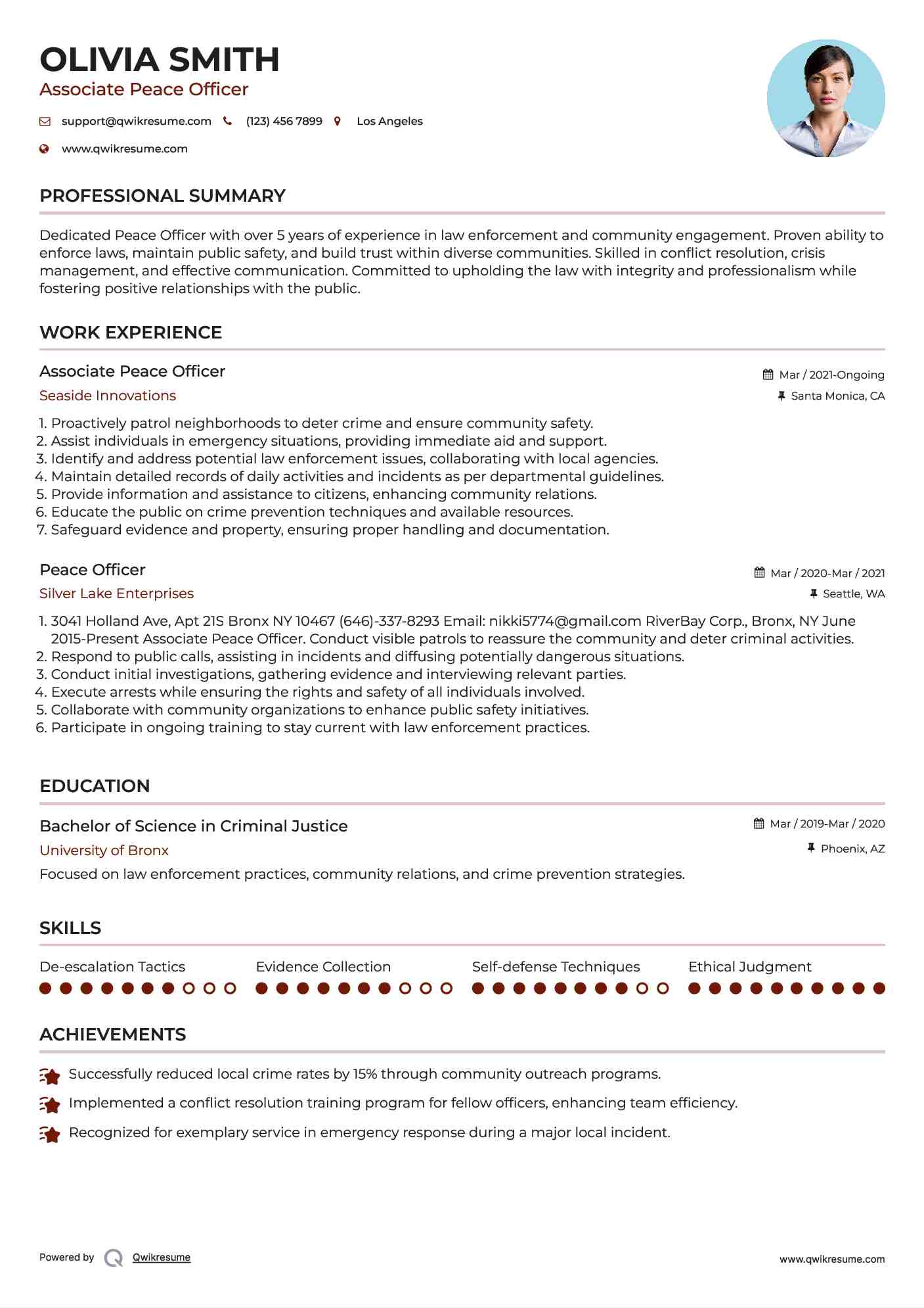 Associate Peace Officer Resume Example