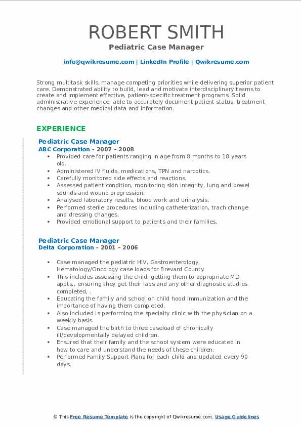 Pediatric Case Manager Resume Samples QwikResume