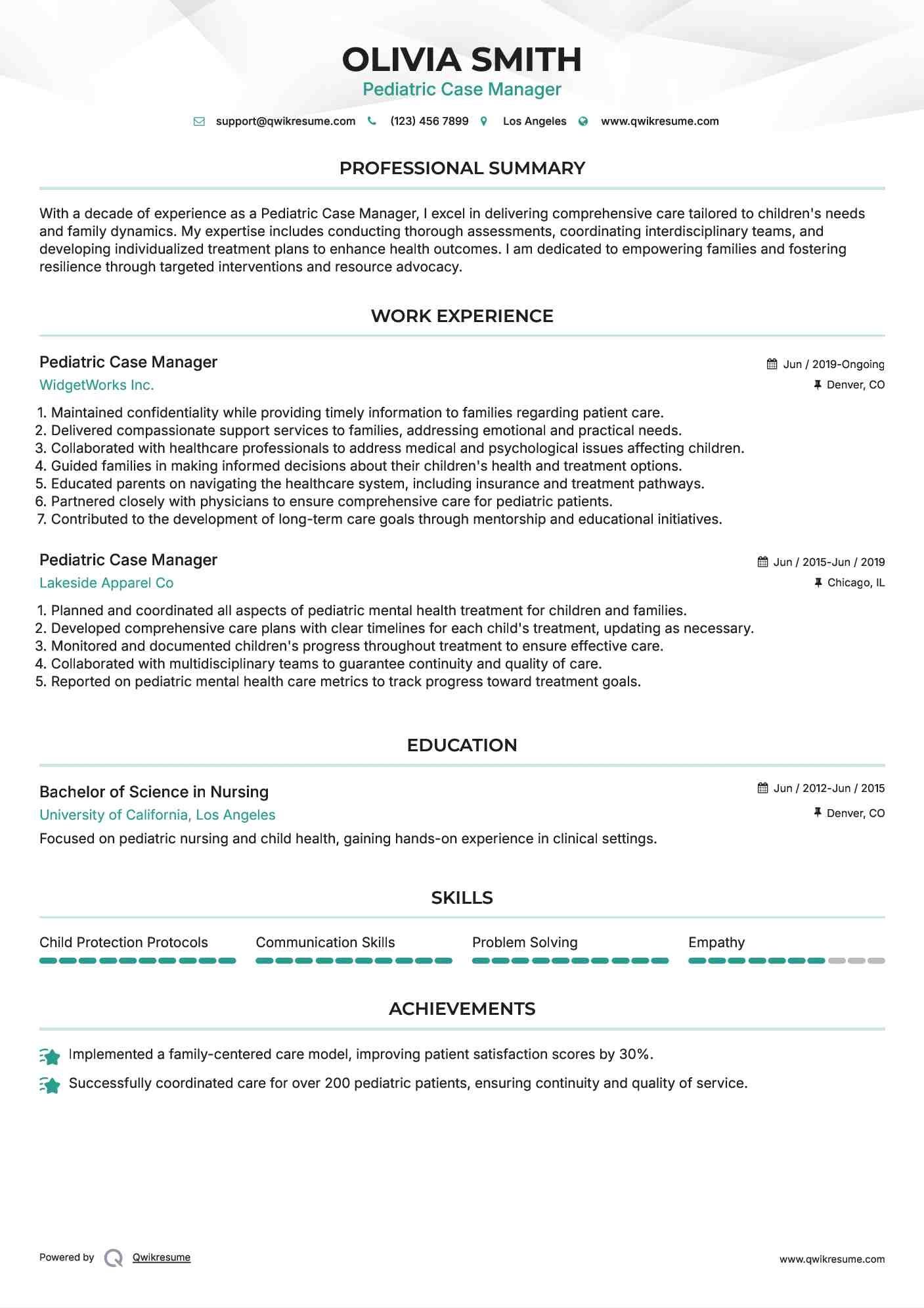 Pediatric Case Manager Resume Samples QwikResume