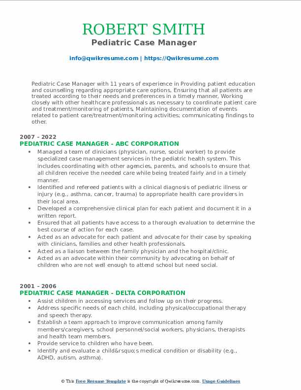 Pediatric Case Manager Resume Samples QwikResume