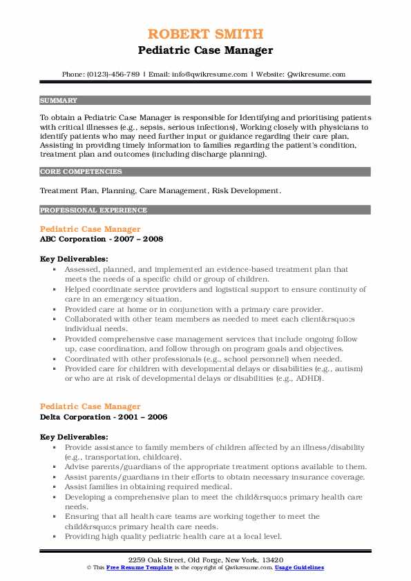 Pediatric Case Manager Resume Samples QwikResume