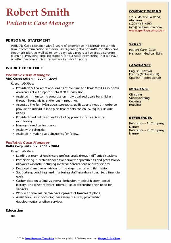 Pediatric Case Manager Resume Samples QwikResume