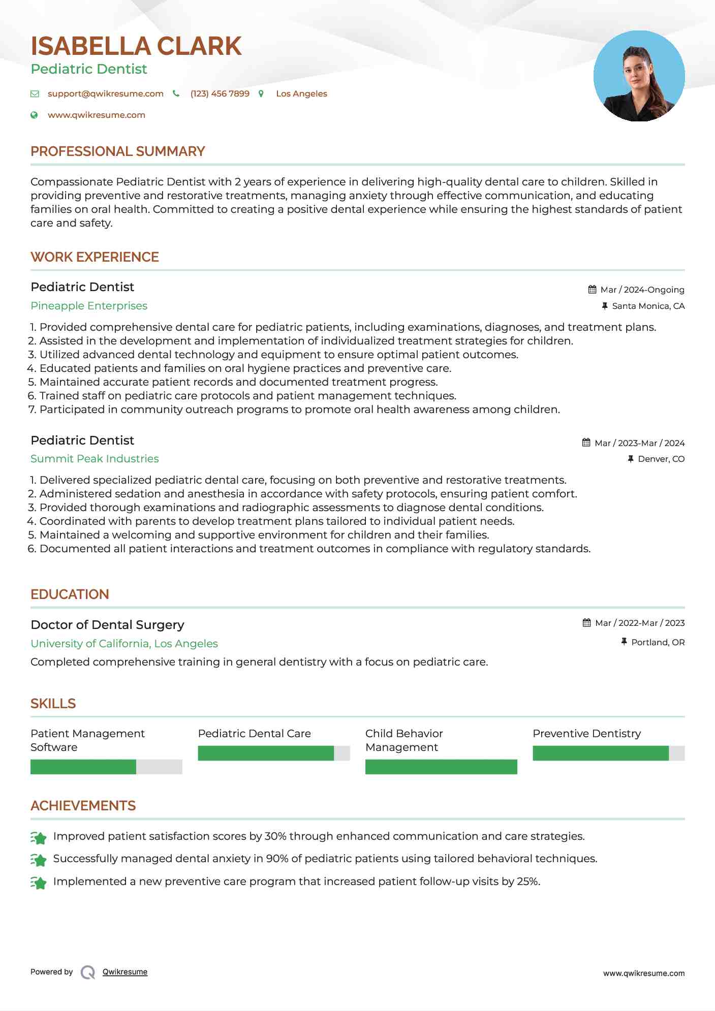 Pediatric Dentist Resume Format