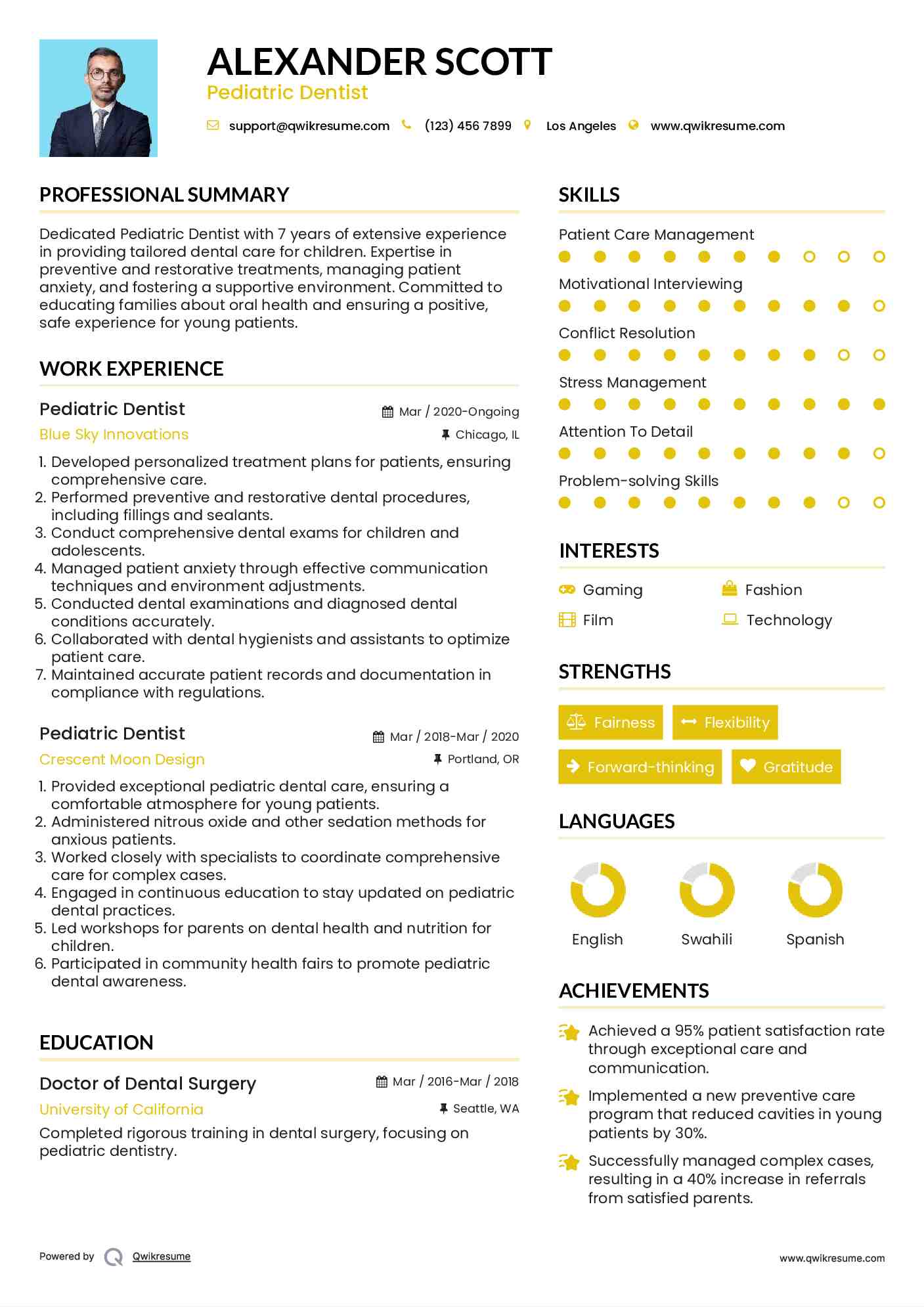 Pediatric Dentist Resume Model