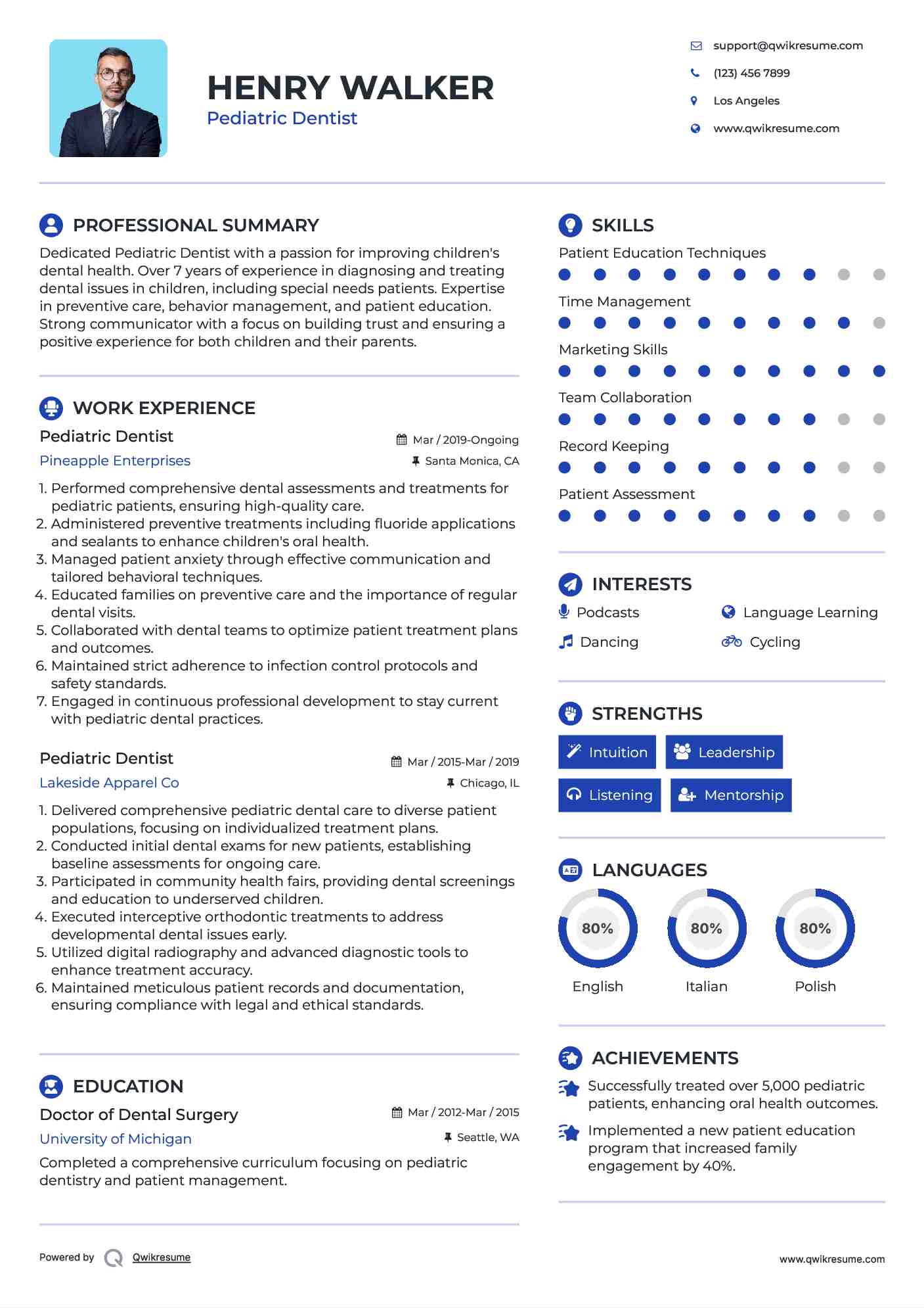 Pediatric Dentist Resume Model