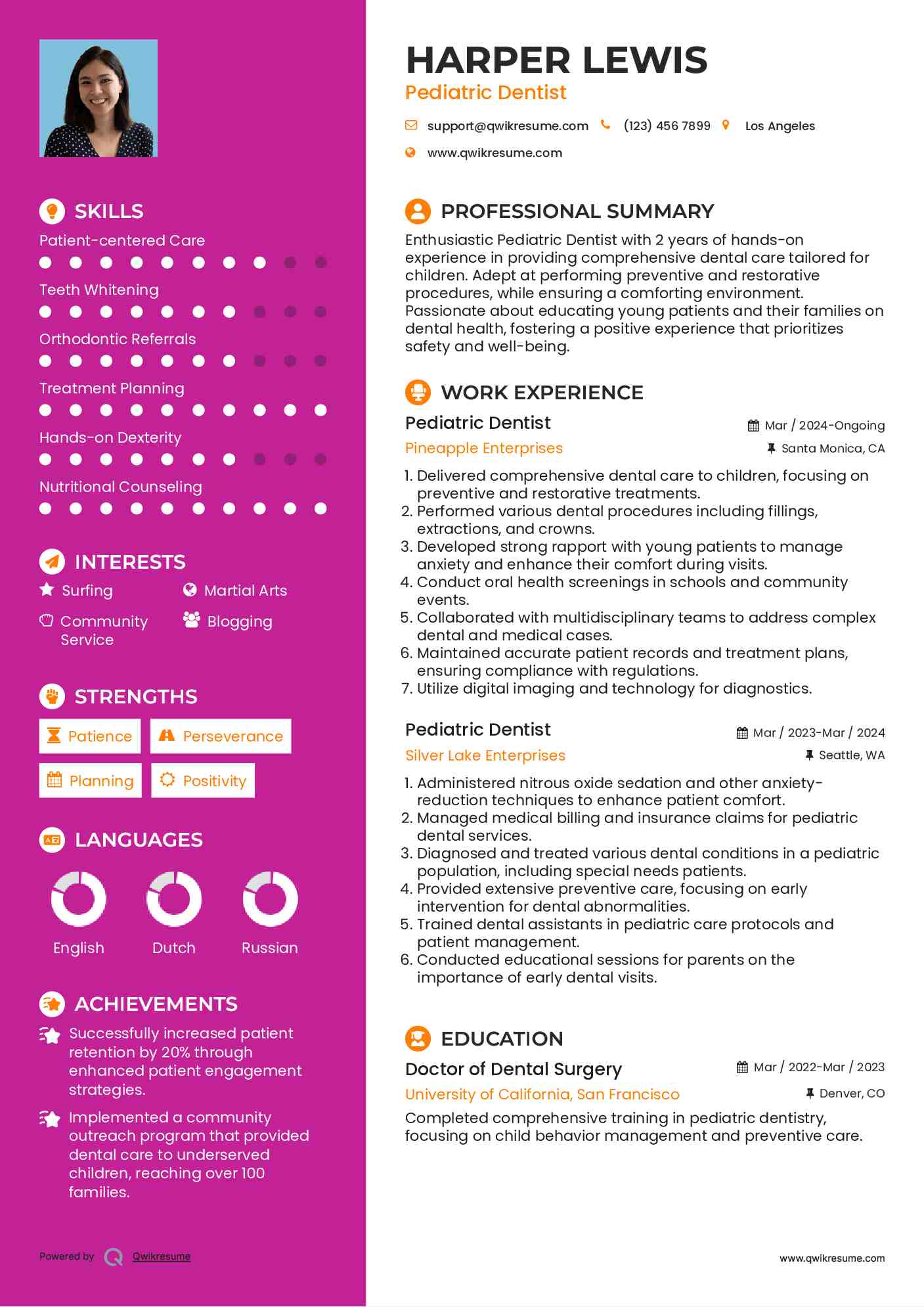 Pediatric Dentist Resume Format