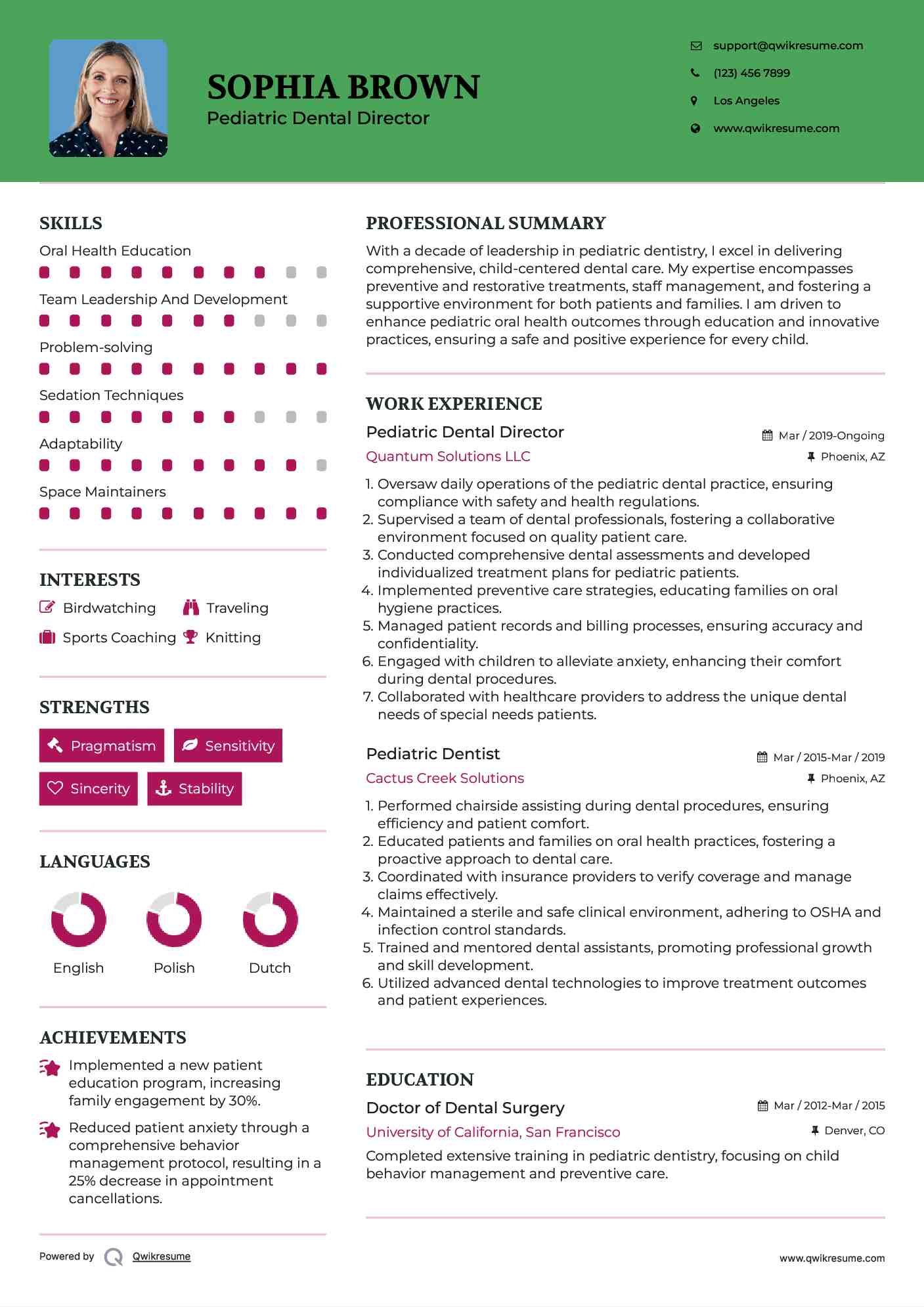 Pediatric Dental Director Resume Model