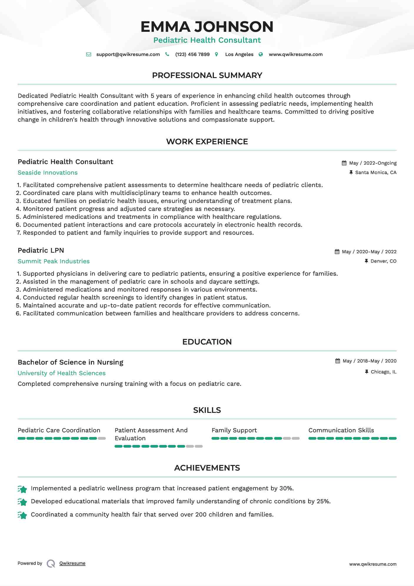 Pediatric Health Consultant Resume Example