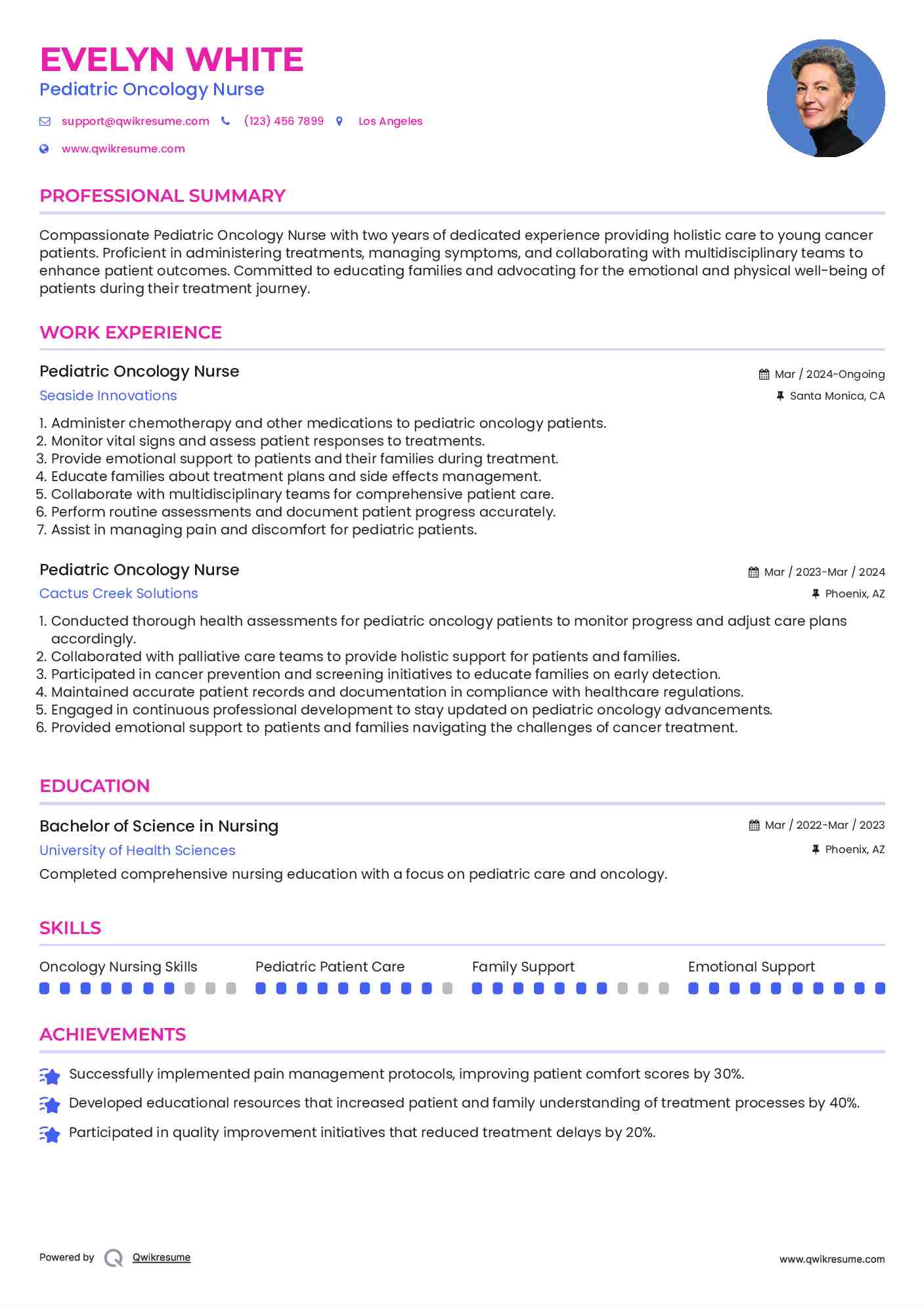 Pediatric Oncology Nurse Resume Sample