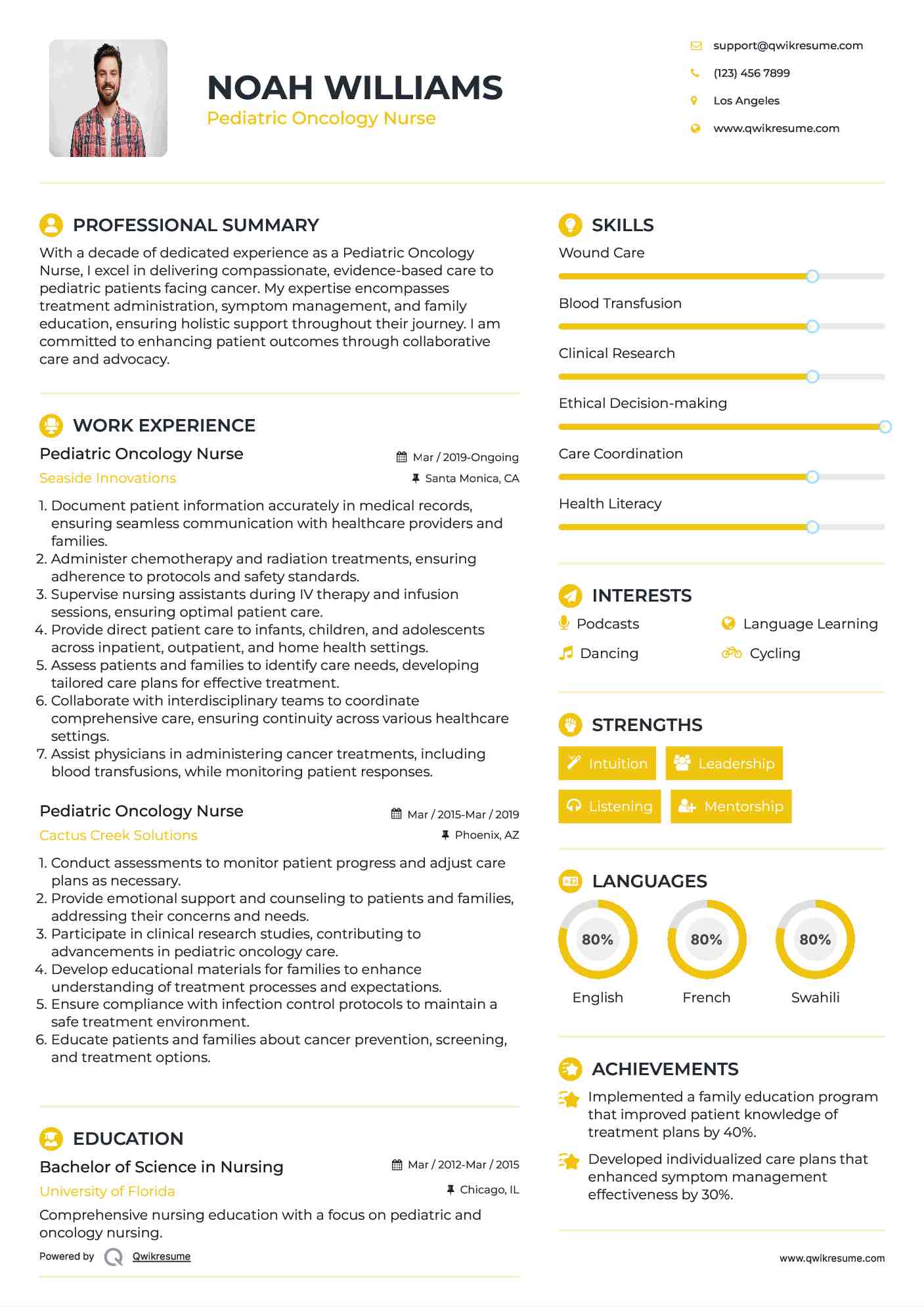 Pediatric Oncology Nurse Resume Sample