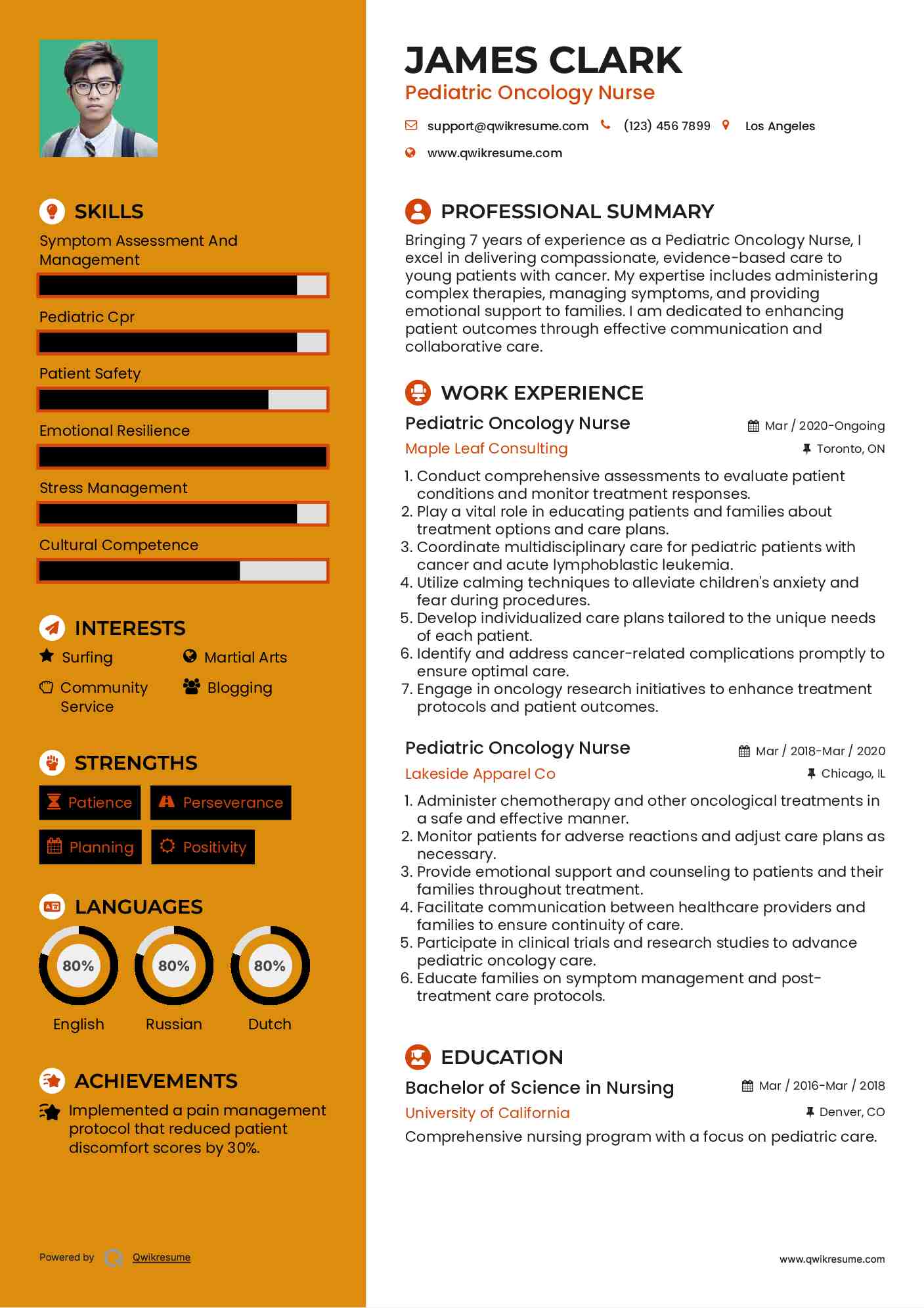 Pediatric Oncology Nurse Resume Model