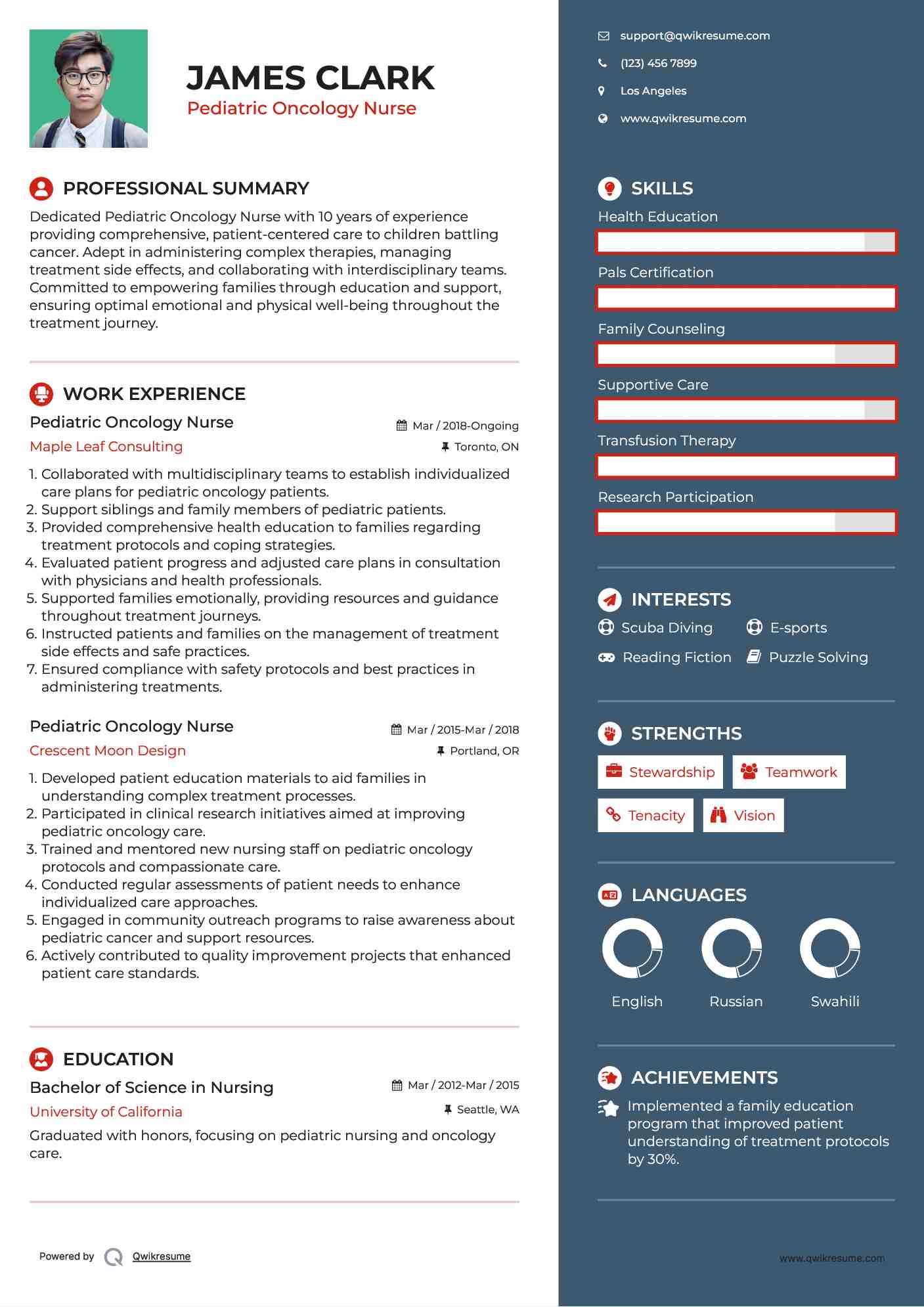 Pediatric Oncology Nurse Resume Example
