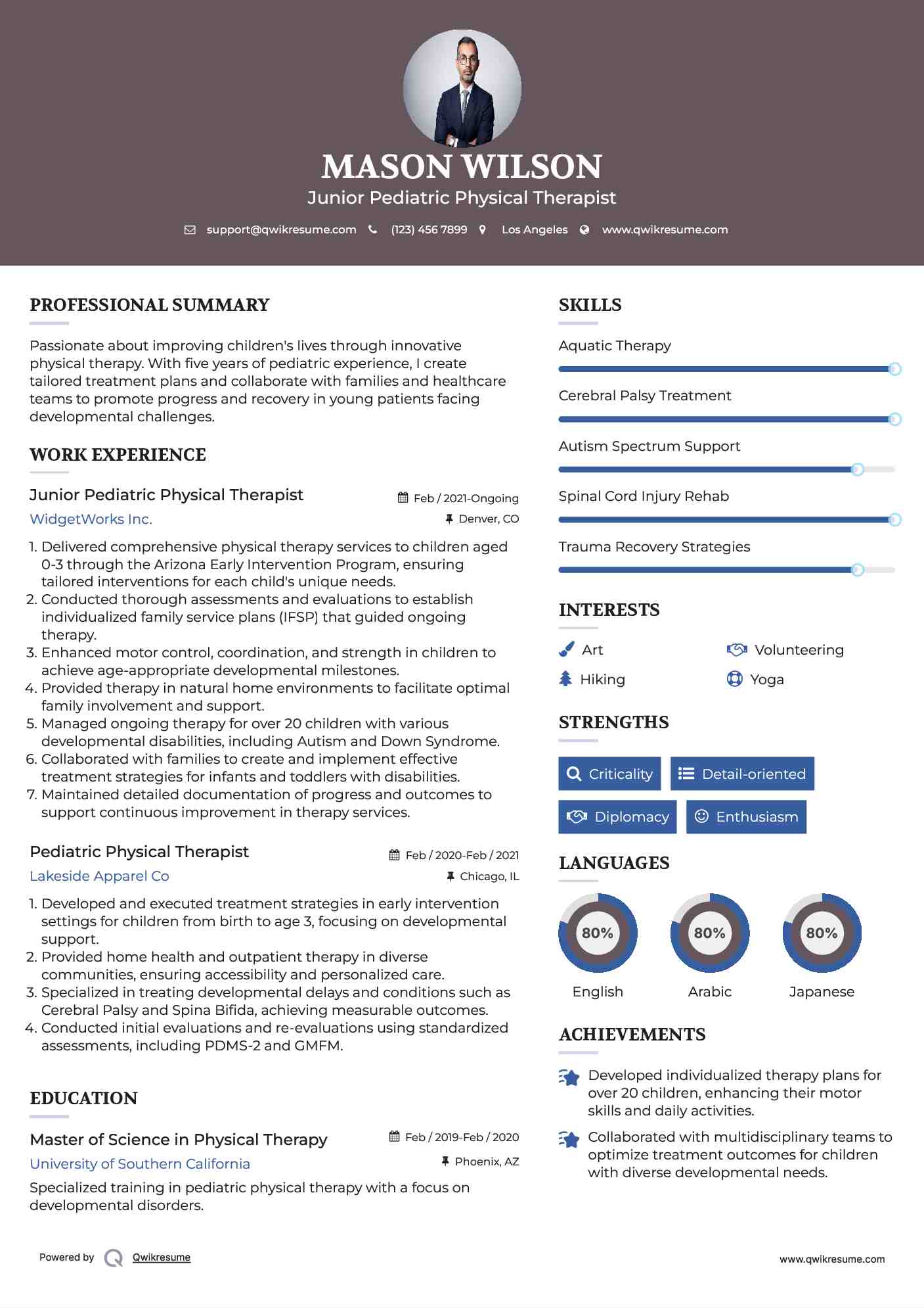 Junior Pediatric Physical Therapist Resume Format