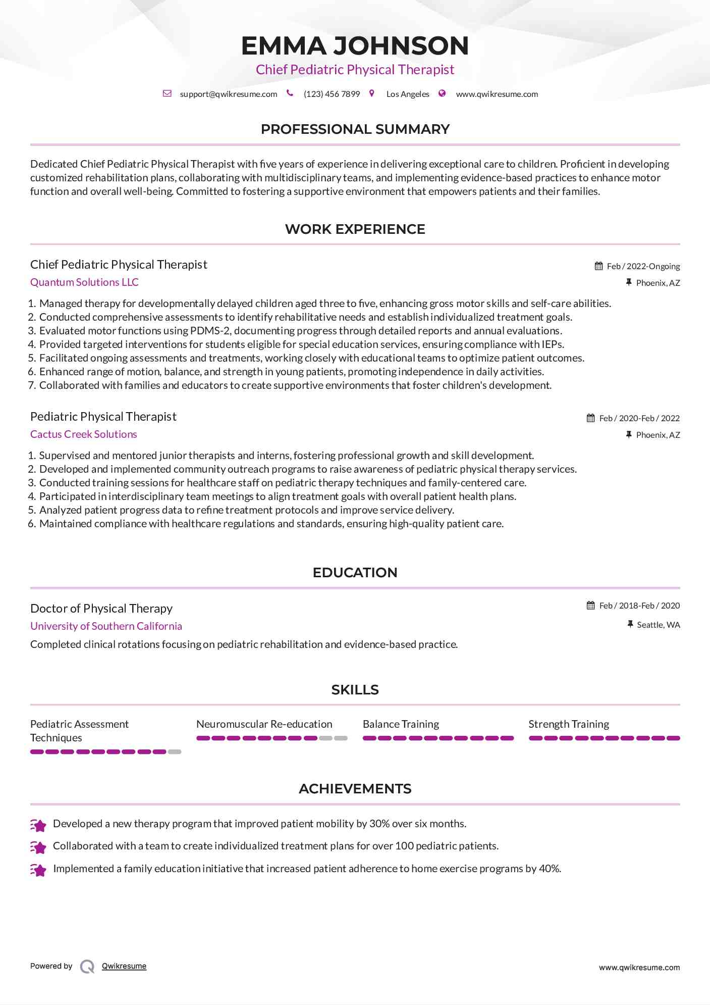 Chief Pediatric Physical Therapist Resume Example