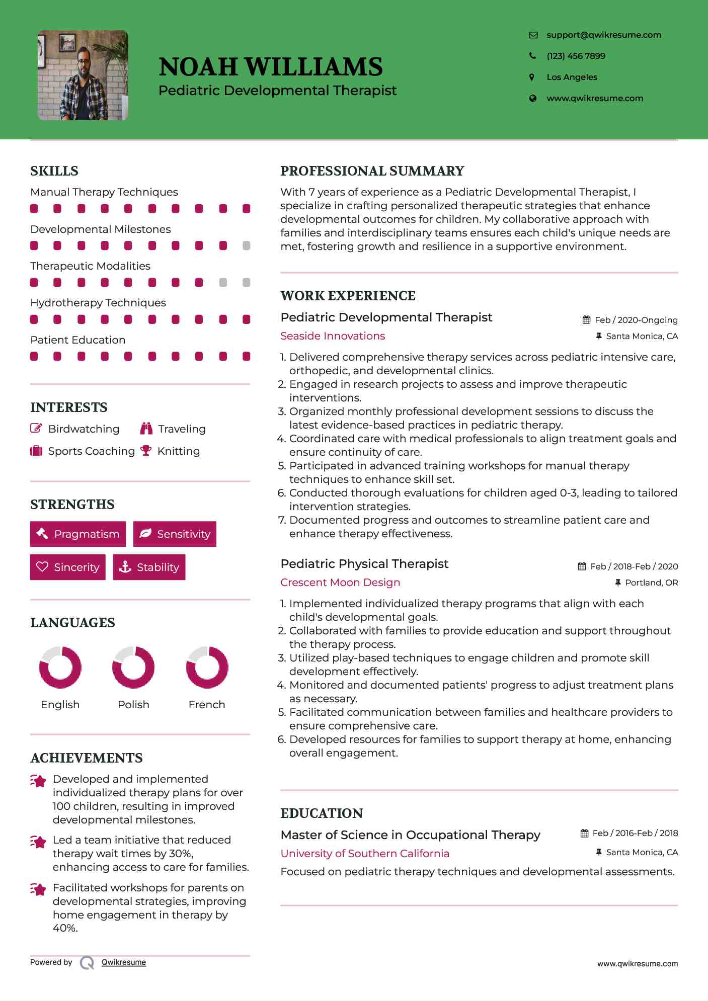 Pediatric Developmental Therapist Resume Template
