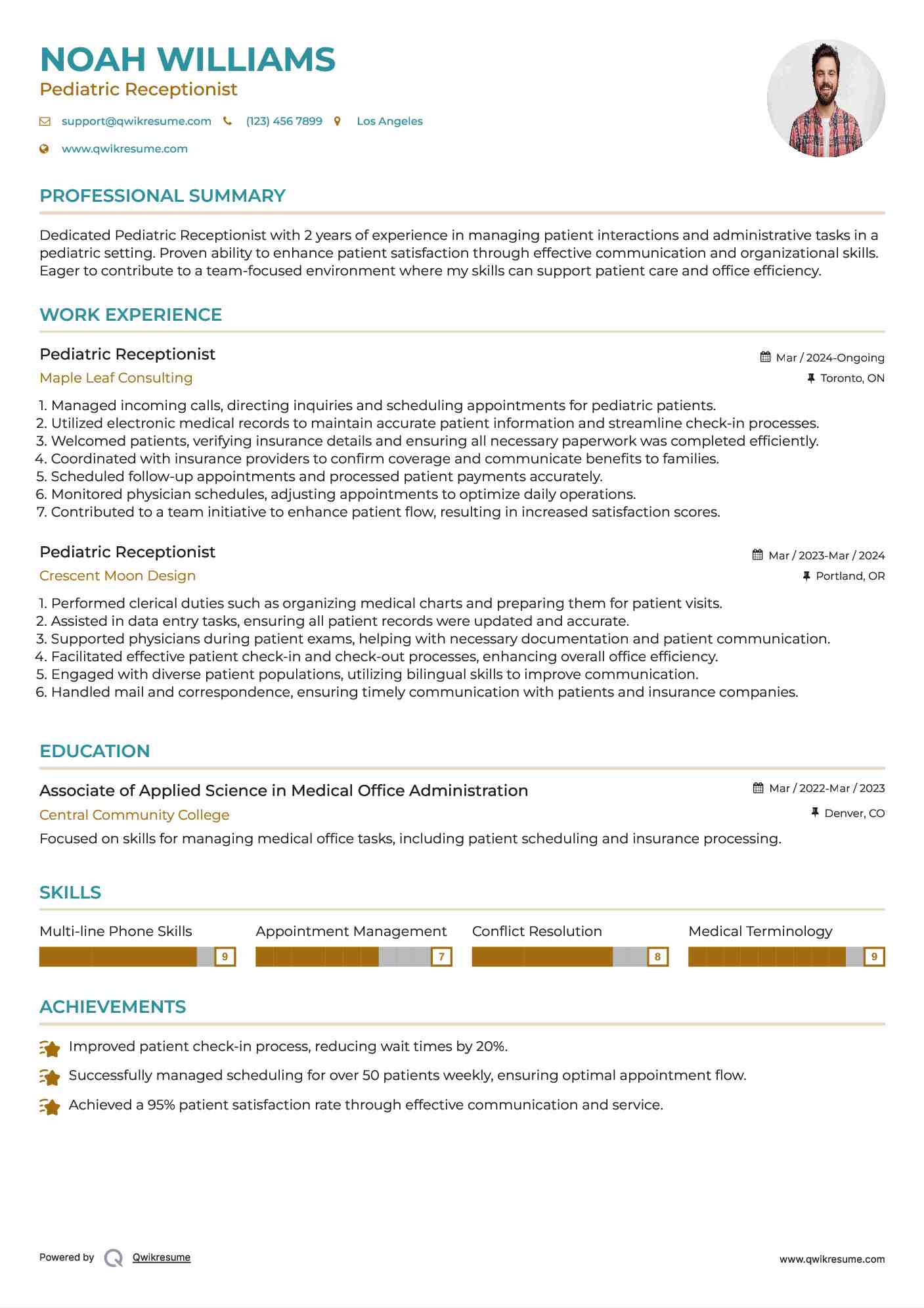 Pediatric Receptionist Resume Model