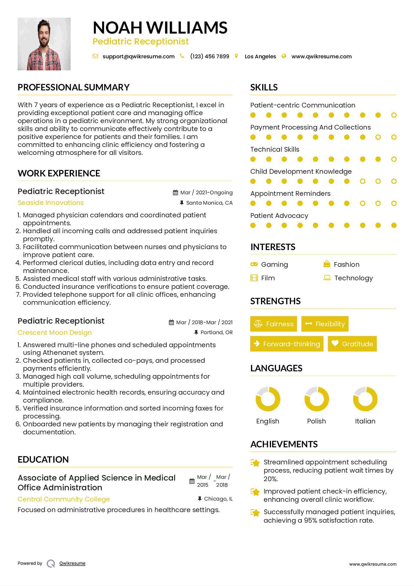 Pediatric Receptionist Resume Sample