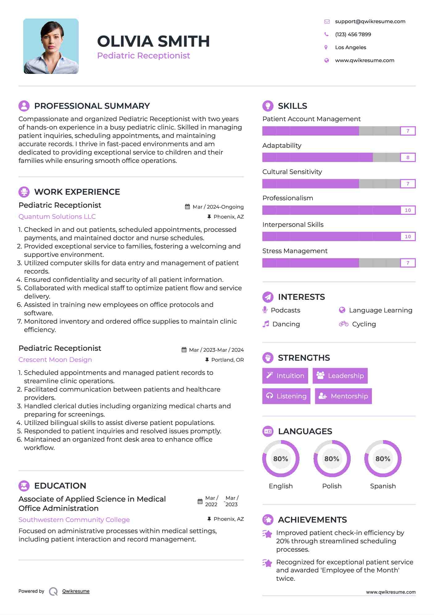 Pediatric Receptionist Resume Sample