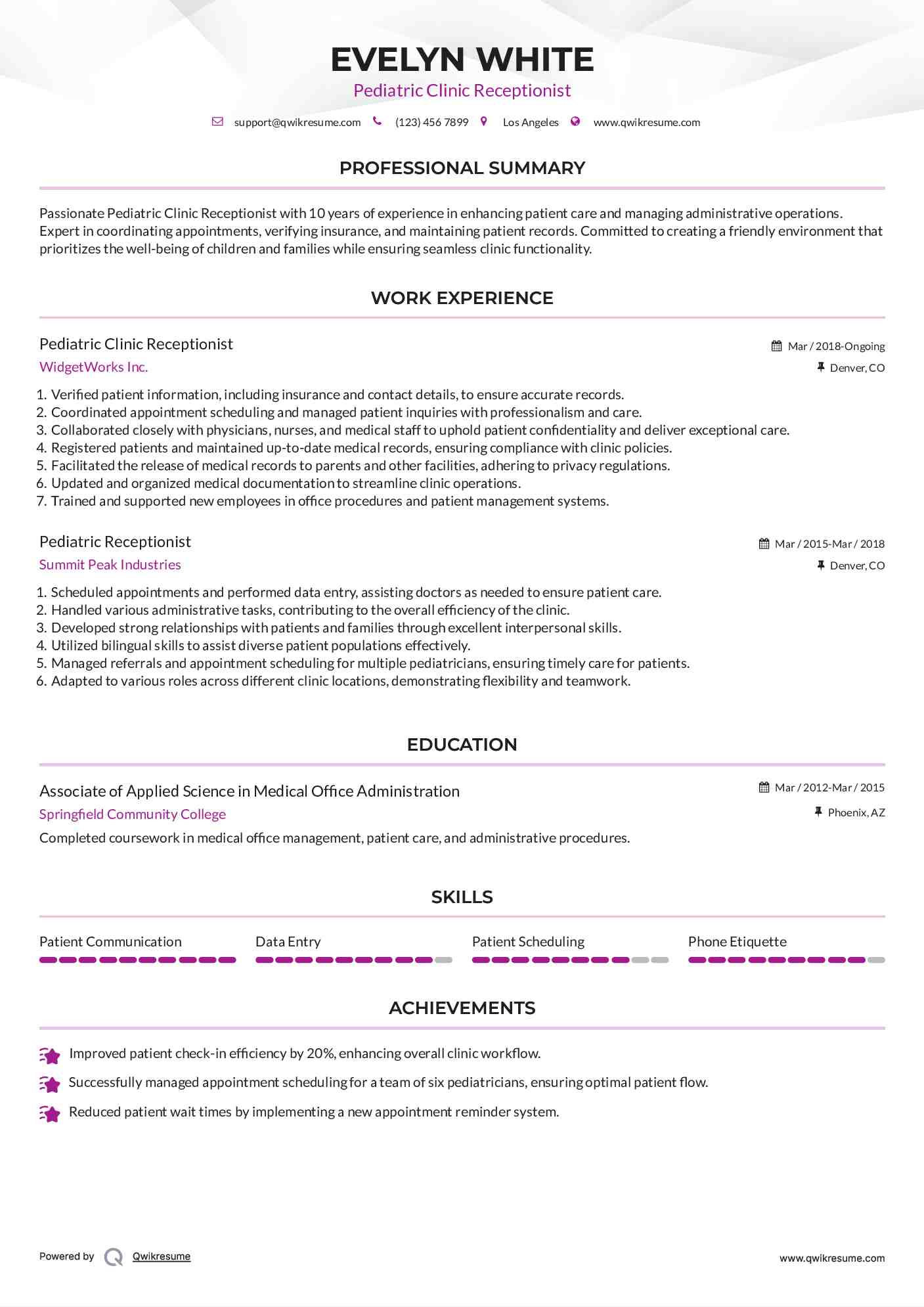 Pediatric Clinic Receptionist
 Resume Sample