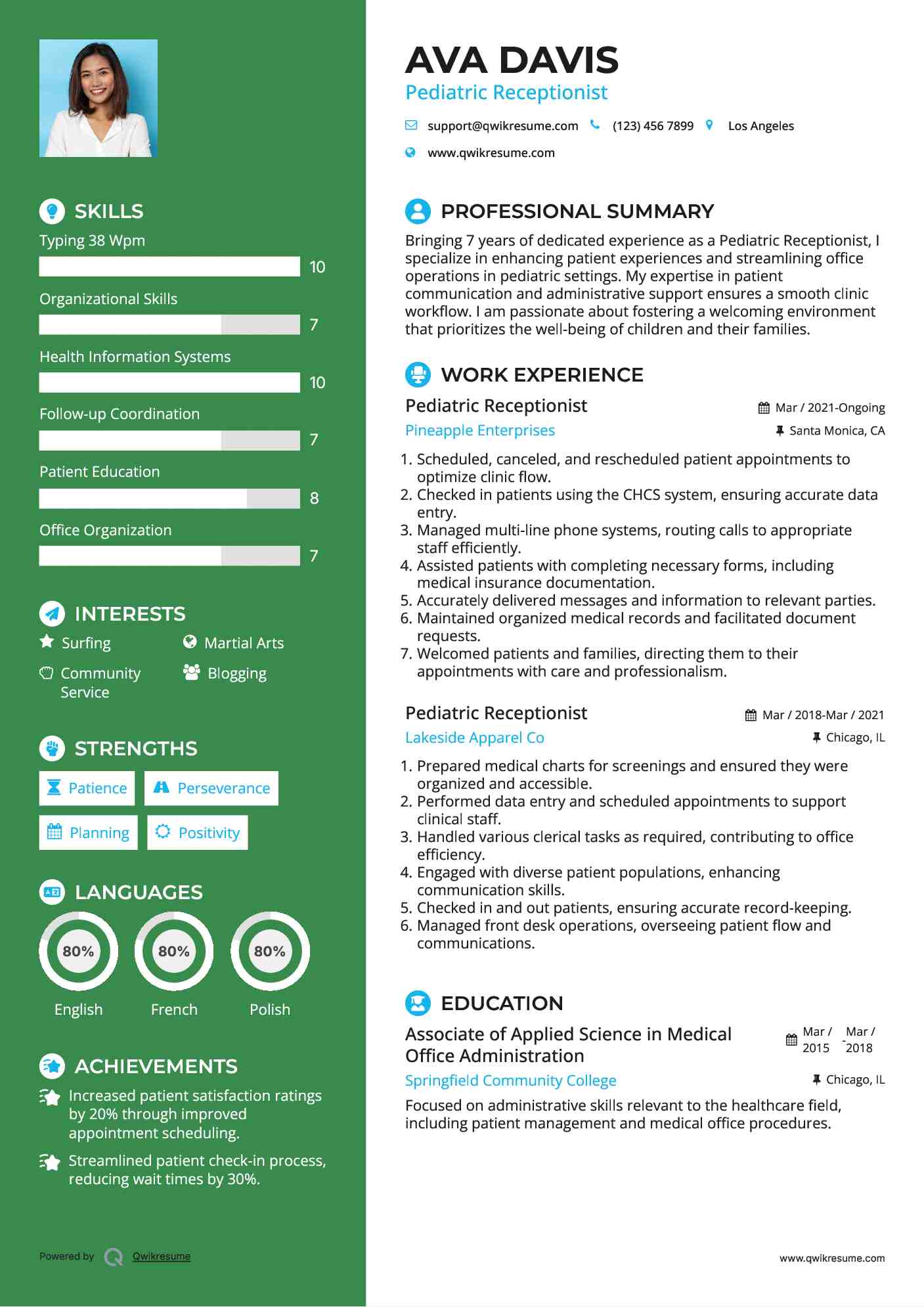 Pediatric Receptionist Resume Sample