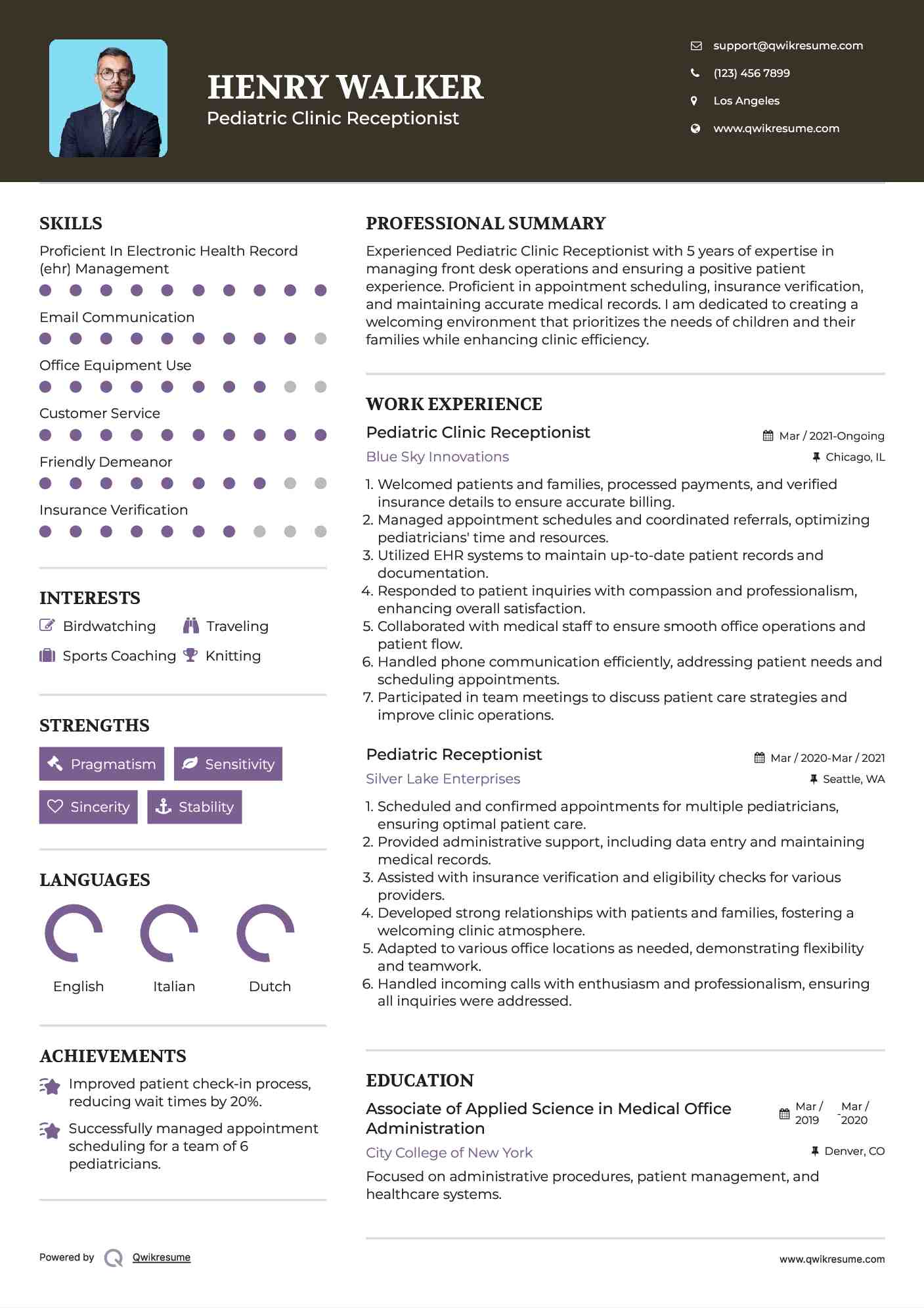 Pediatric Clinic Receptionist Resume Template