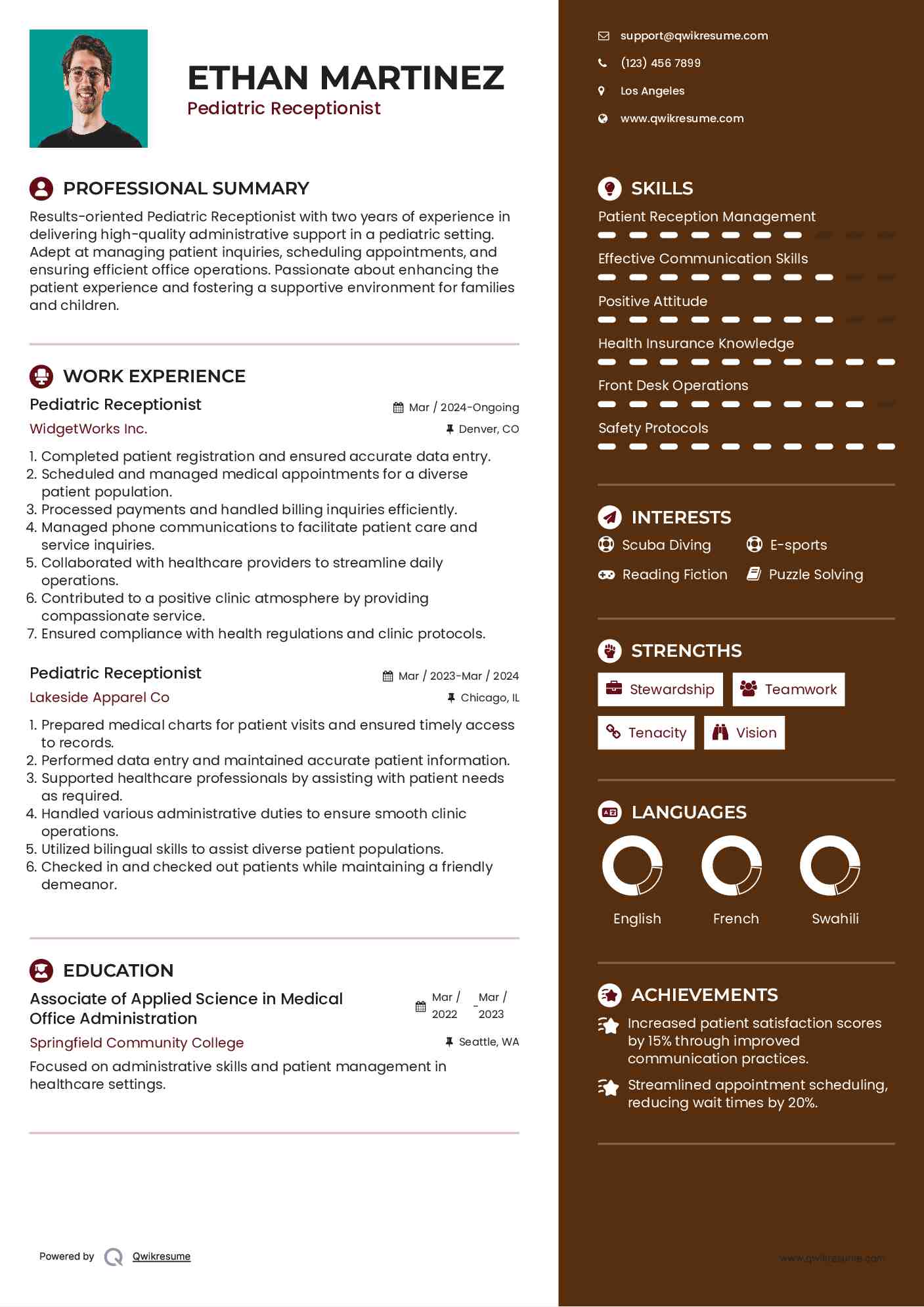 Pediatric Receptionist Resume Samples QwikResume