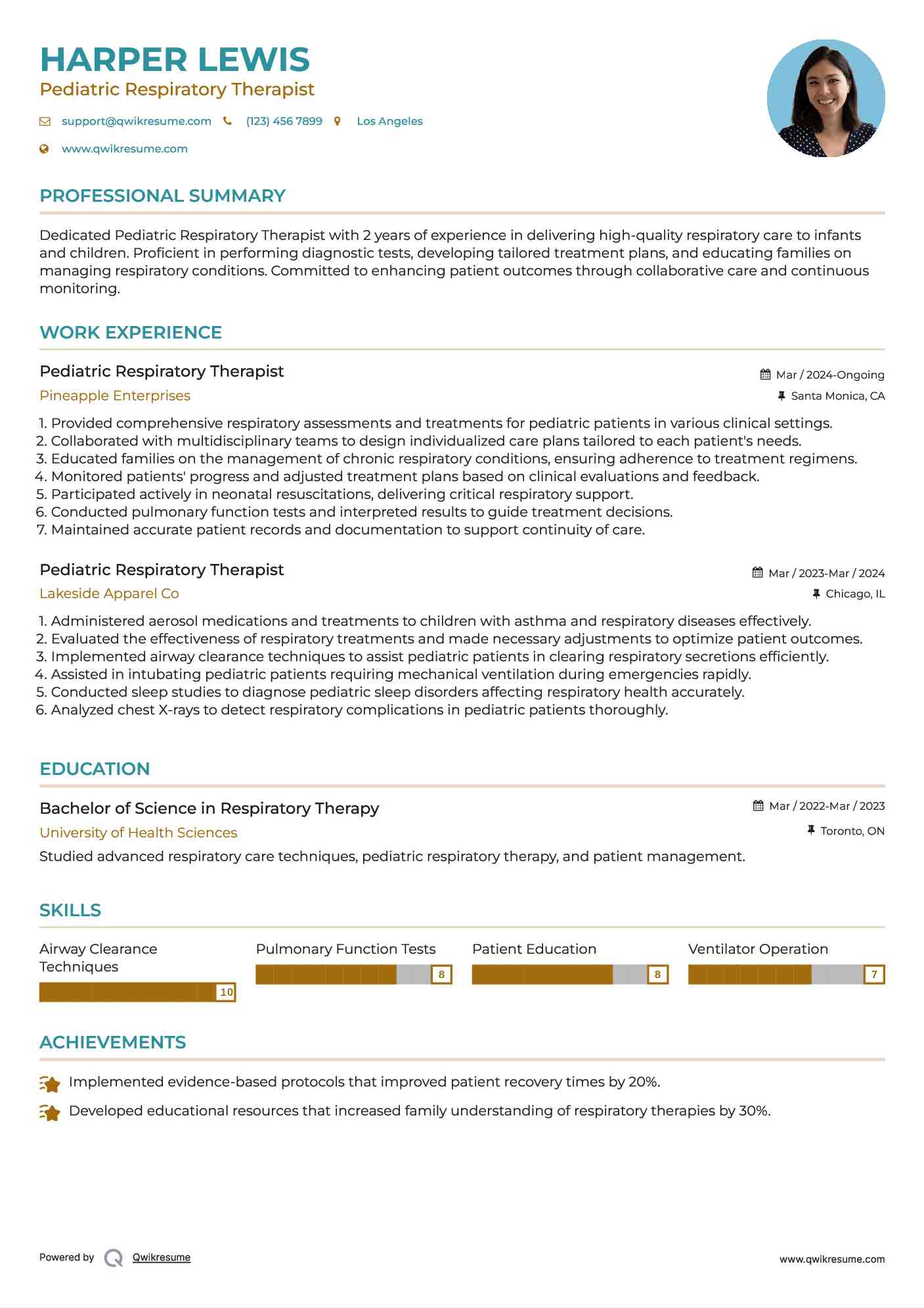 Pediatric Respiratory Therapist Resume Example