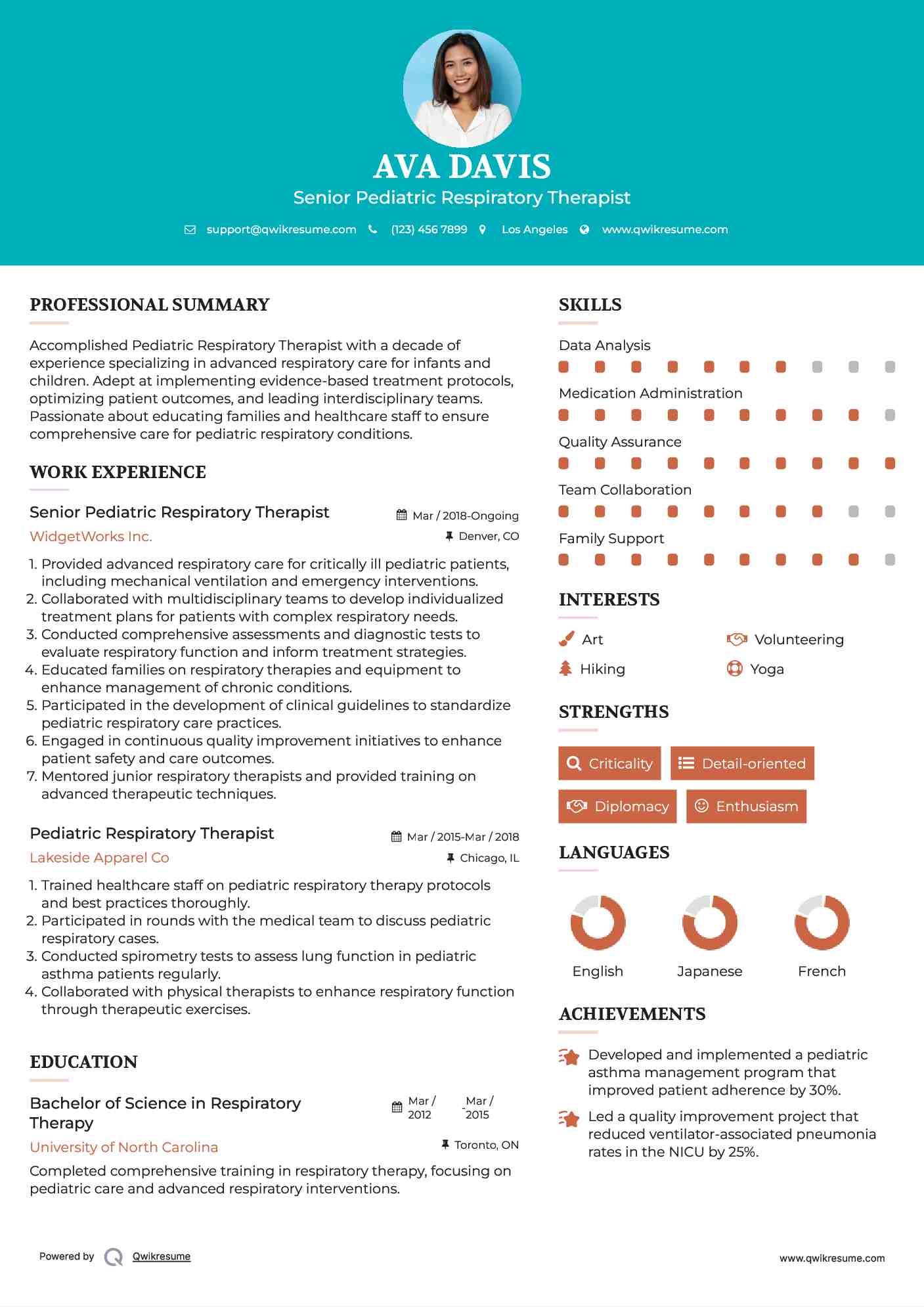 Senior Pediatric Respiratory Therapist Resume Example