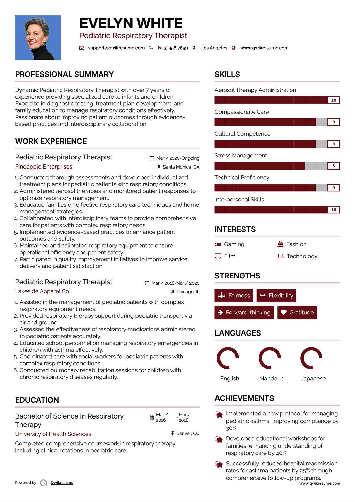 Pediatric Respiratory Therapist Resume Template