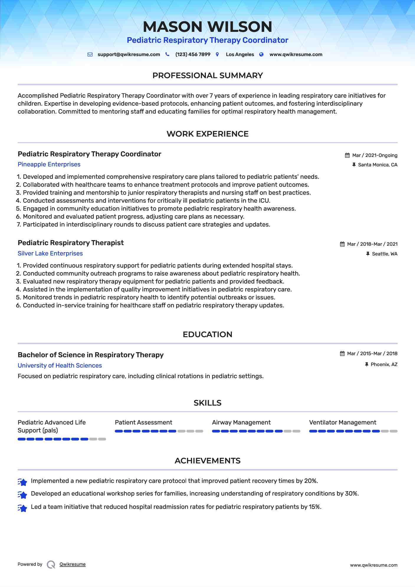 Pediatric Respiratory Therapy Coordinator Resume Example