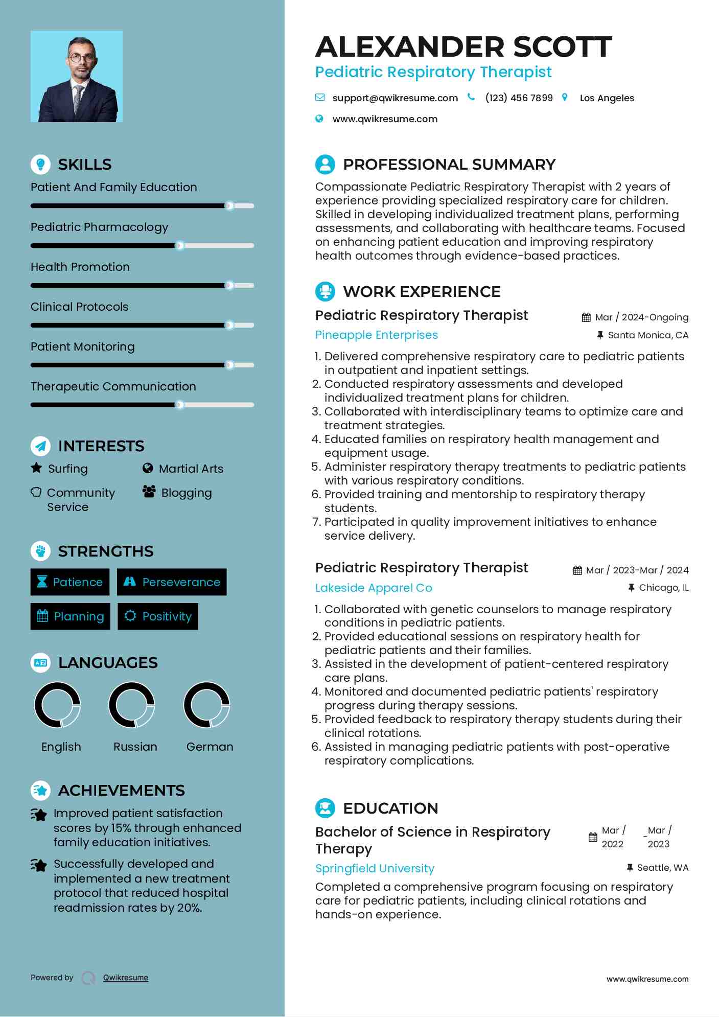 Pediatric Respiratory Therapist Resume Example