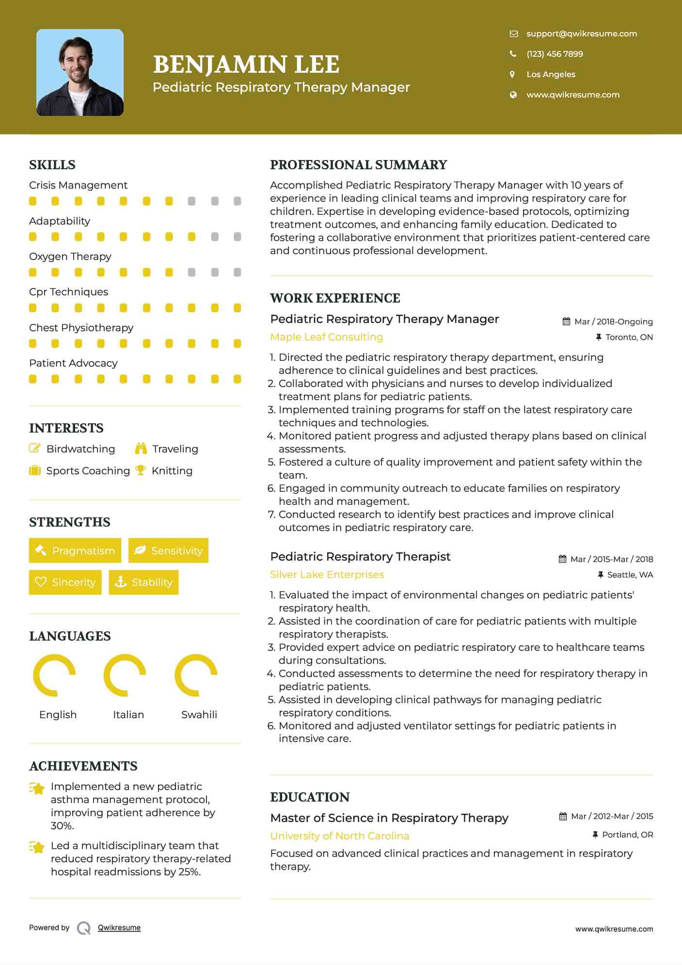 Pediatric Respiratory Therapy Manager Resume Template